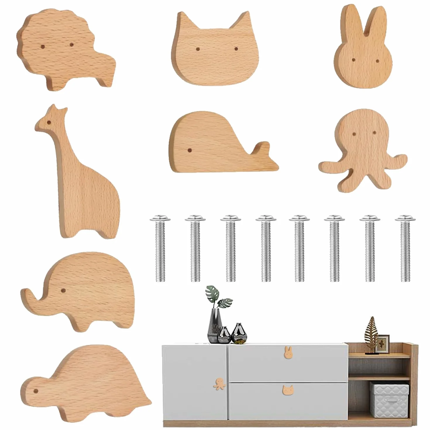 Boutons en bois pour armoire, Lot de 8 Poignées de Meuble en Bois Animals, Poignées animales pour meubles d'enfant