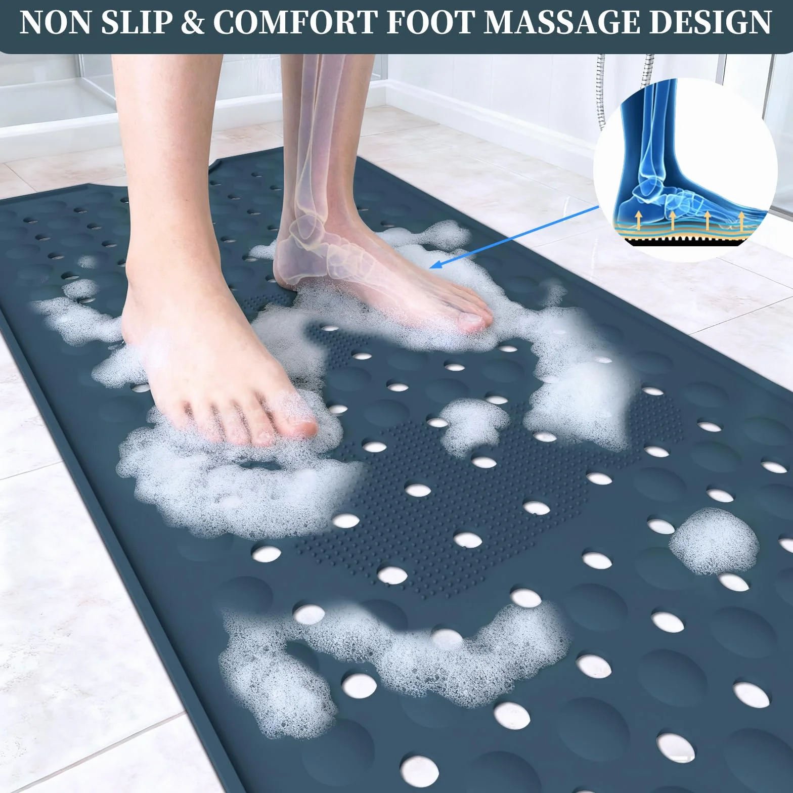 Tapis Baignoire Antidérapant 90 x 40 cm Lavable en Machine Bleu Profond