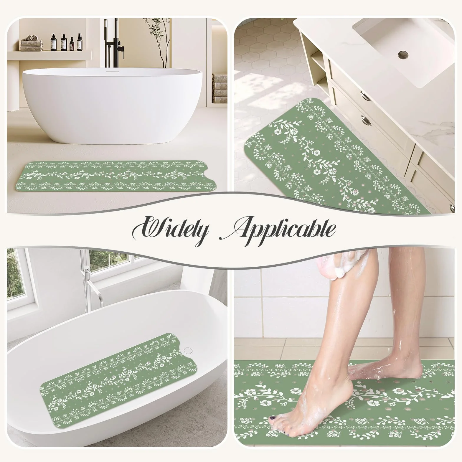 Tapis de Bain Antidérapant Vert Sauge 100 x 40 cm, Résistant à la Moisissure, Lavable en Machine