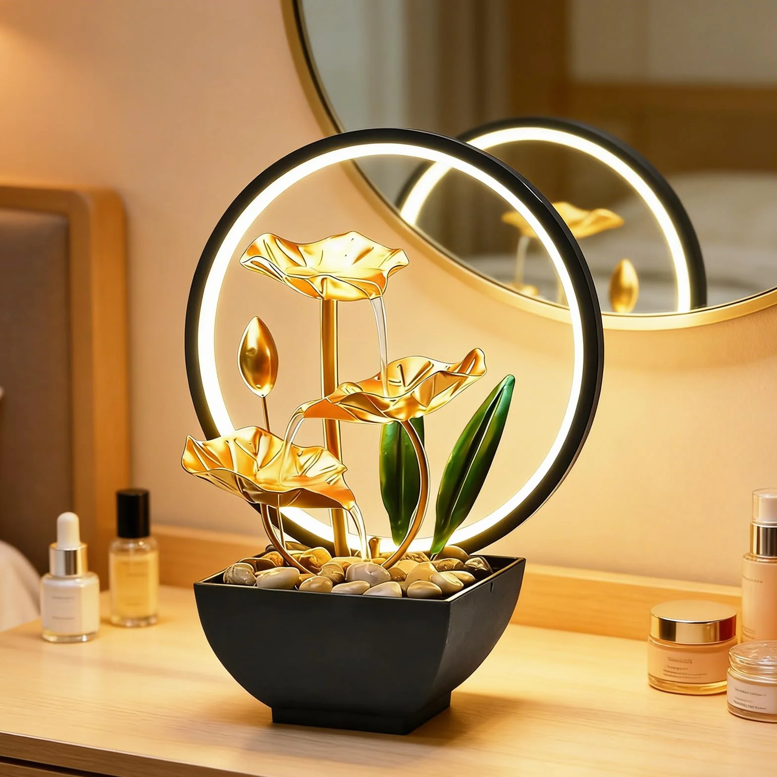 Fontaine d'intérieur LED 3 niveaux décoration zen pompe silencieuse mini cascade table