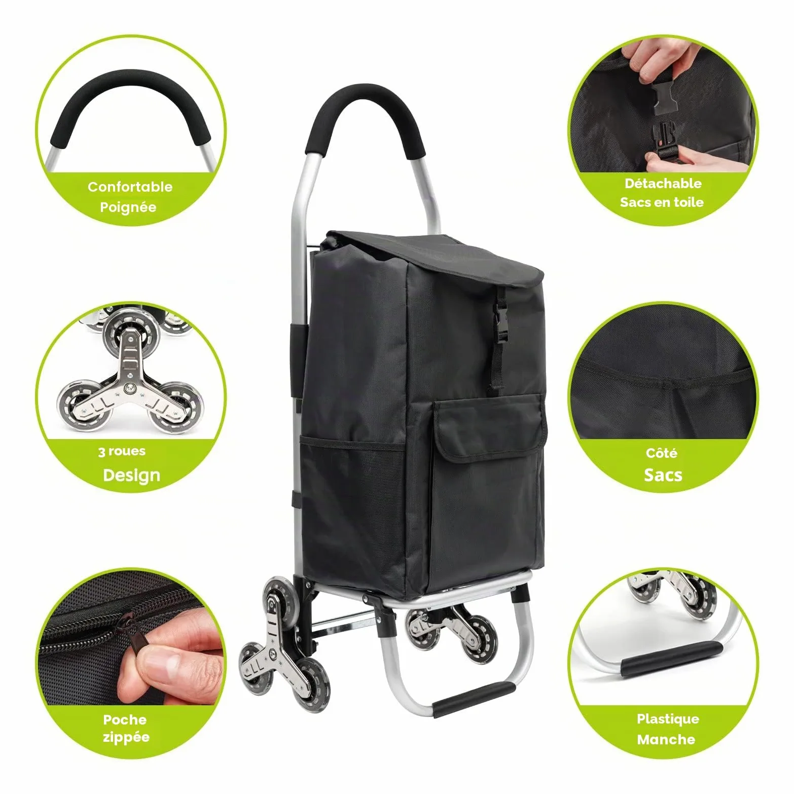 Chariot De Courses Pliable Amovible 6 Roues (56 L),Chariot de Rangement à roulettes avec Sacs de Courses Imperméable et Cordon élastique Ajustable,Chariot à roulettes Escalier,Noir
