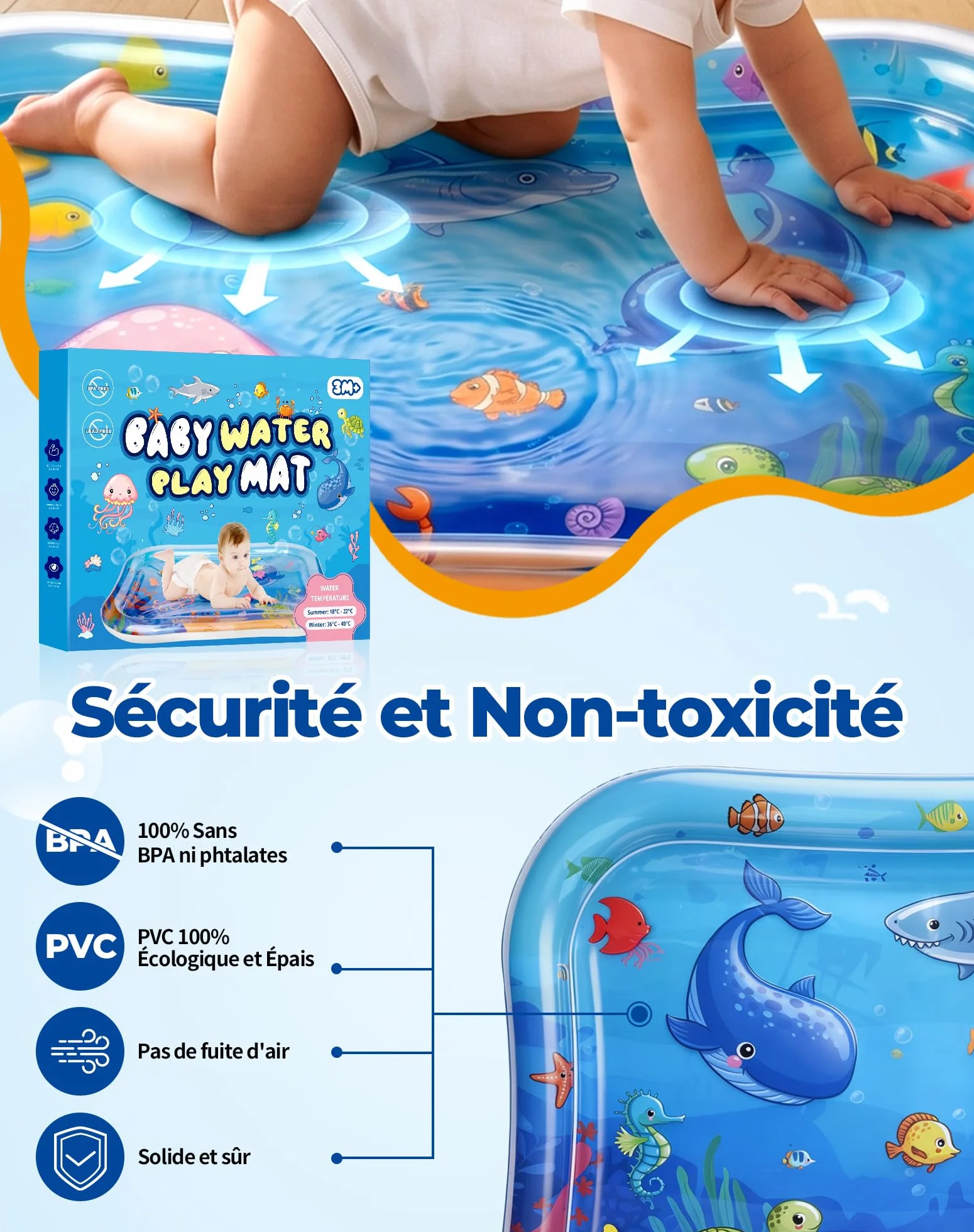 Grand Tapis d'eau Bébé 95x76cm Gonflable Tummy Time Sensoriel Poisson pour Bébés et Tout-petits Cadeau Jouet 3-12 Mois