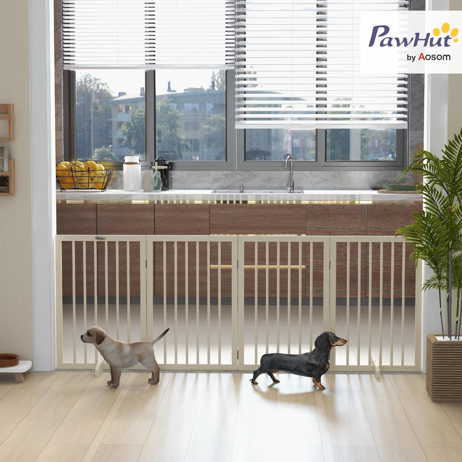 PawHut Barrière de Sécurité pour Chien Modulable Pliable 4 Panneaux Bois Naturel 206 x 35,5 x 76 cm