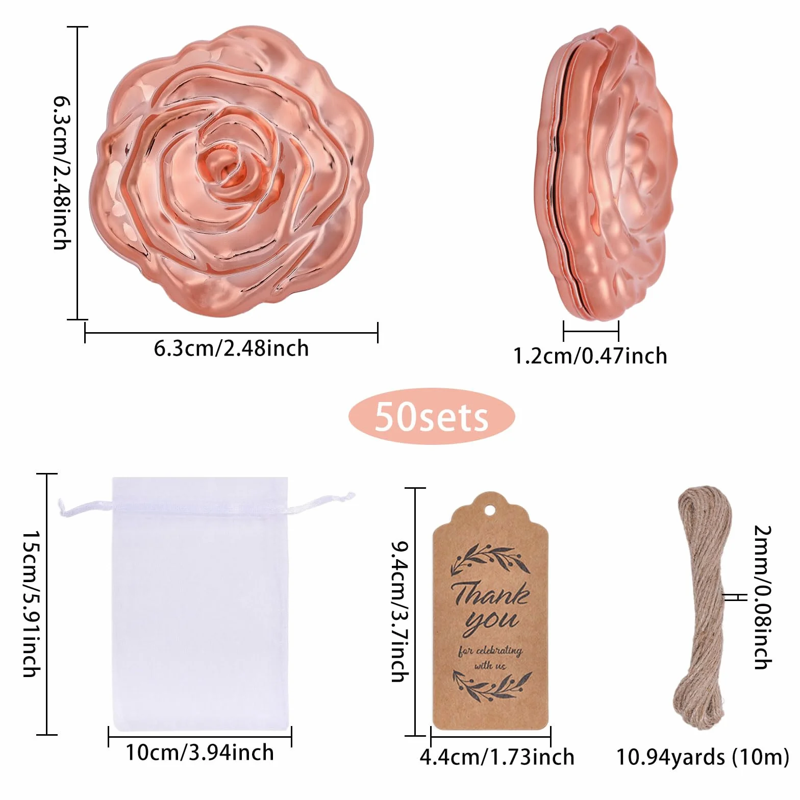 FREEBLOSS Lot de 50 Miroirs de Poche Rose Compact 3D avec Cartes et Pochettes Organza pour Mariage Anniversaire Fête Prénatale Voyage 2.5"