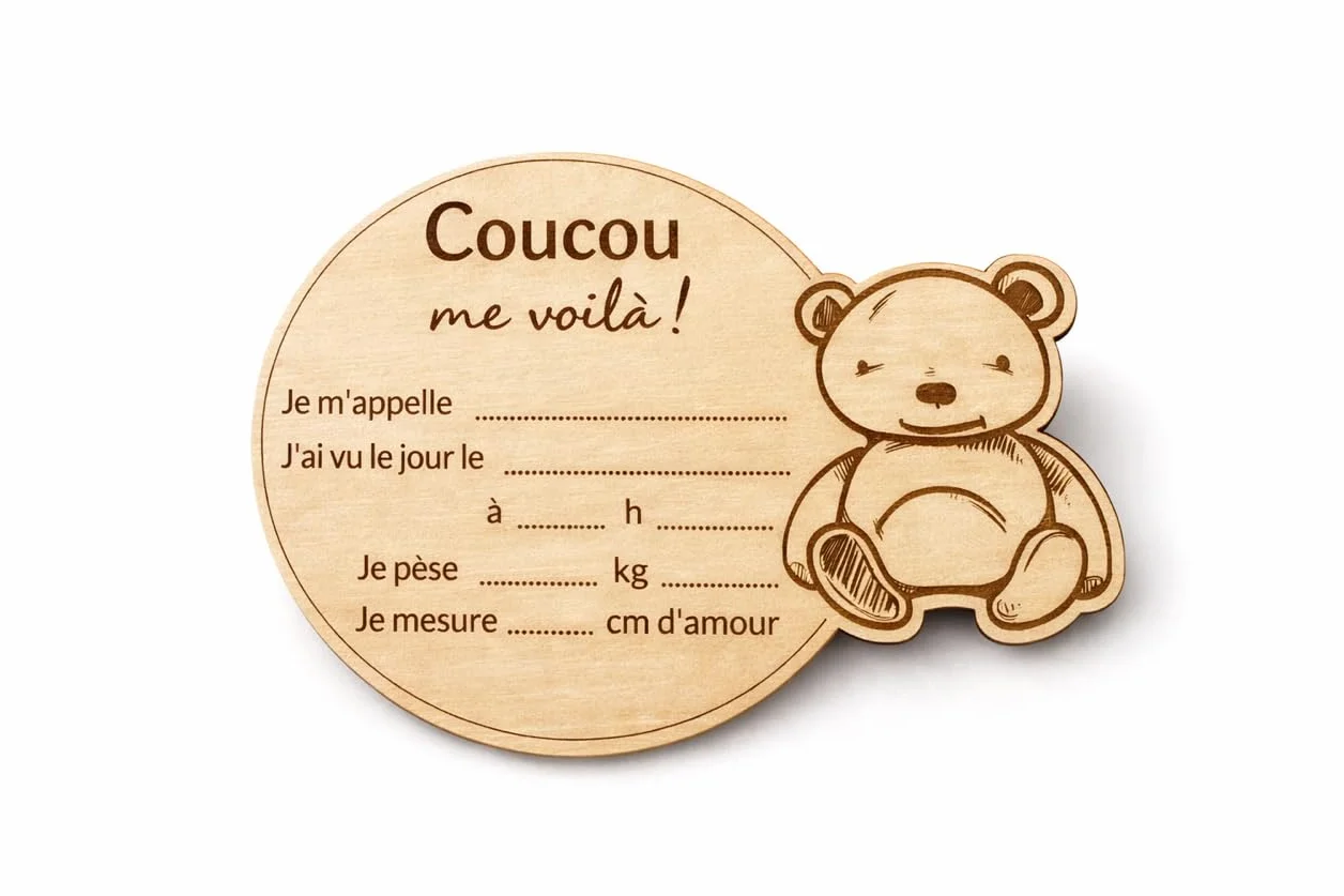 Carte bienvenue annonce naissance prénom bébé bois français - Disque prénom bébé date heure poids taille - Accessoire pancarte photo nouveau-né souvenir maternité