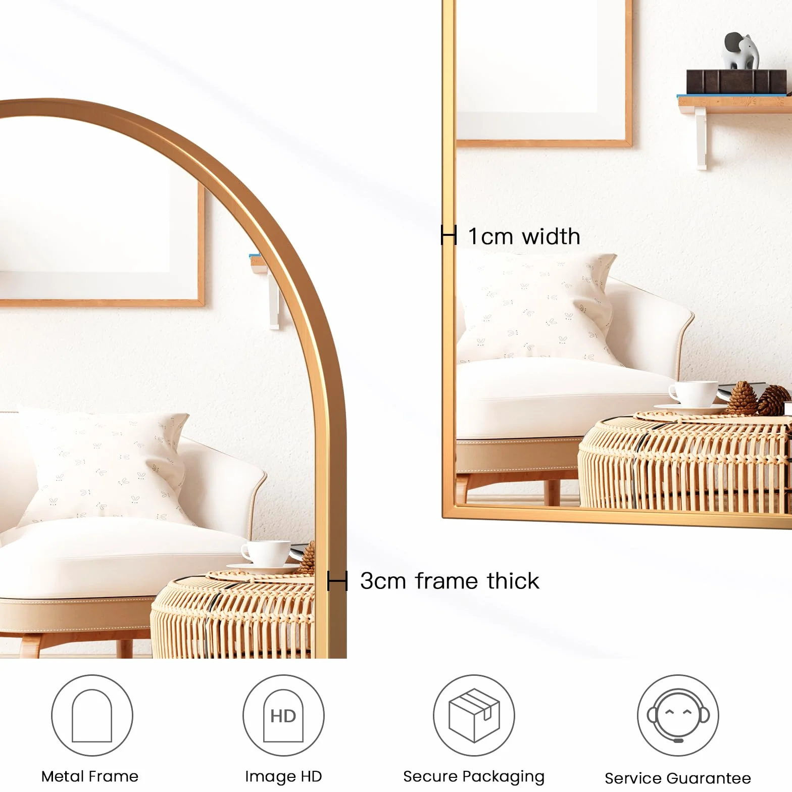 Dripex Miroir Mural Arche 60x90cm Or Cadre Alliage Aluminium Grand Miroir Maquillage