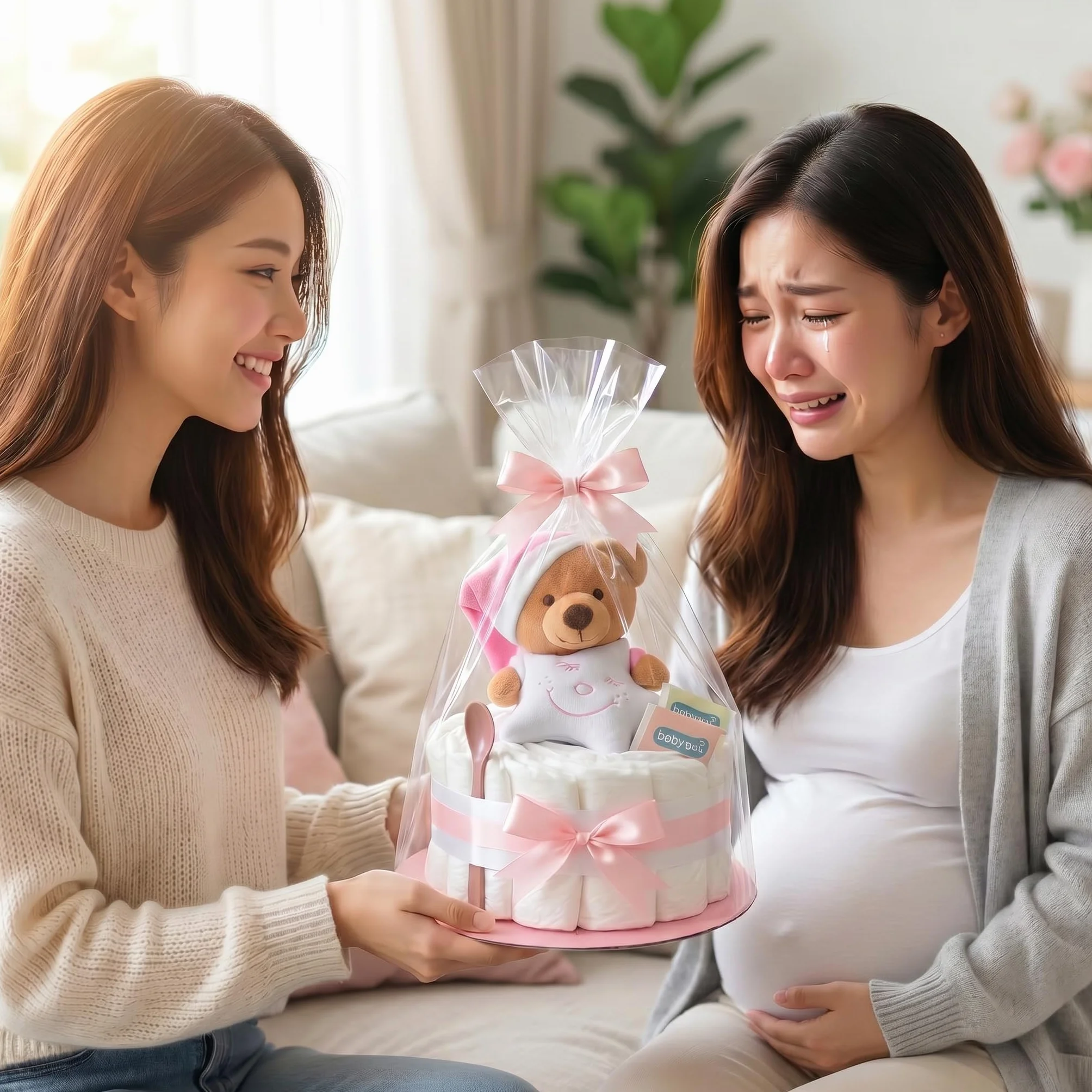 Gâteau de couches pour bébé fille - Rose - Cadeau de naissance et baptême avec doudou