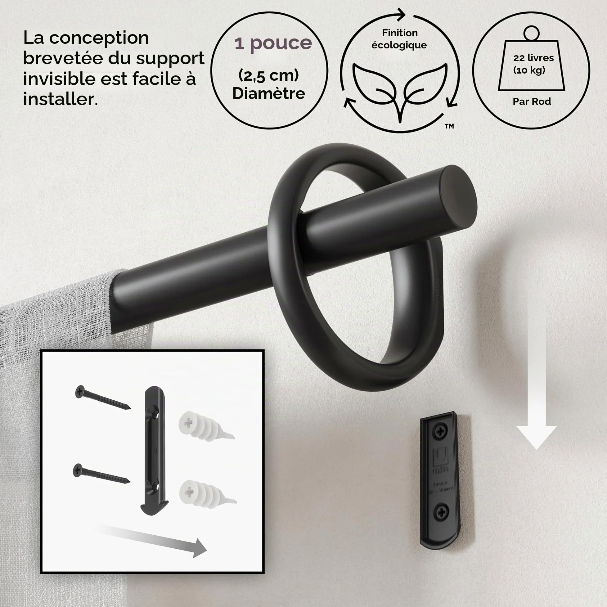 Umbra Ringlet Tringle à Rideaux Extensible, 2,5cm, 107-305 cm, 2 Embouts, Supports Muraux et Matériel De Fixation Inclus, Noir mat