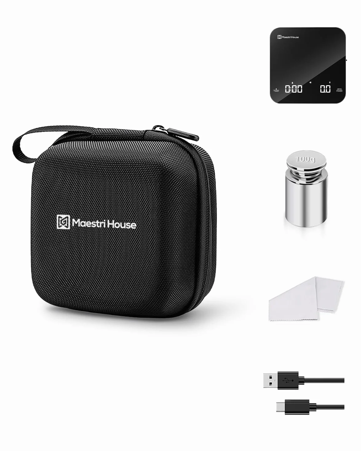 Maestri House Balance de cuisine numérique avec minuteur, précision 2 kg/0,1 g, rechargeable, avec poids de calibration