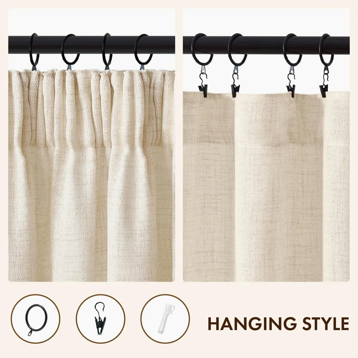 MIULEE Rideaux Aspect Lin Beige avec Ruban Lot de 2 140x260 cm | Tissu aspect lin semi-transparent pour salon et chambre; ruban pour une pose facile.