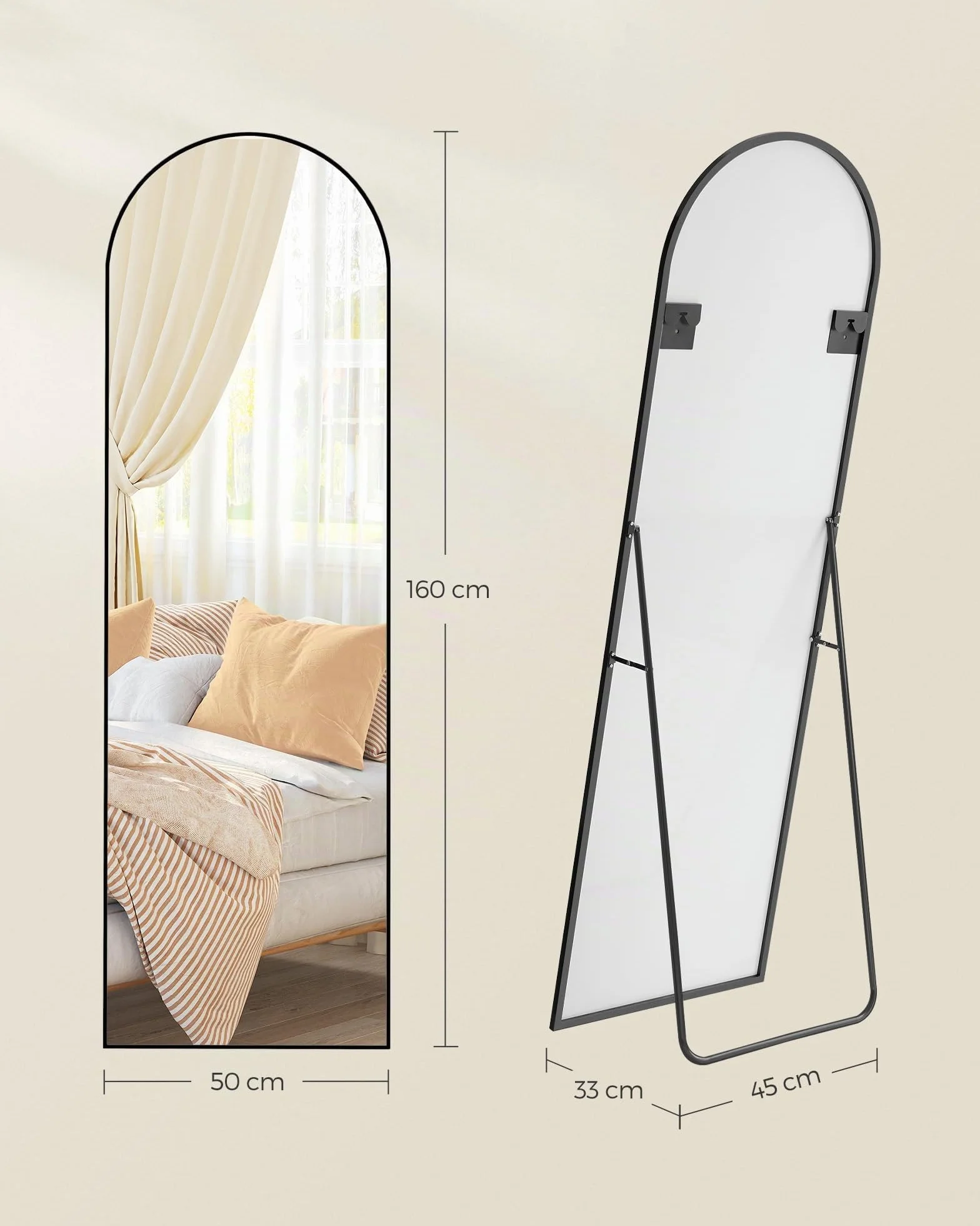 SONGMICS Miroir Intégral 160 x 50 cm Miroir Arqué sur Pied Cadre Alliage Aluminium Verre Trempé Noir