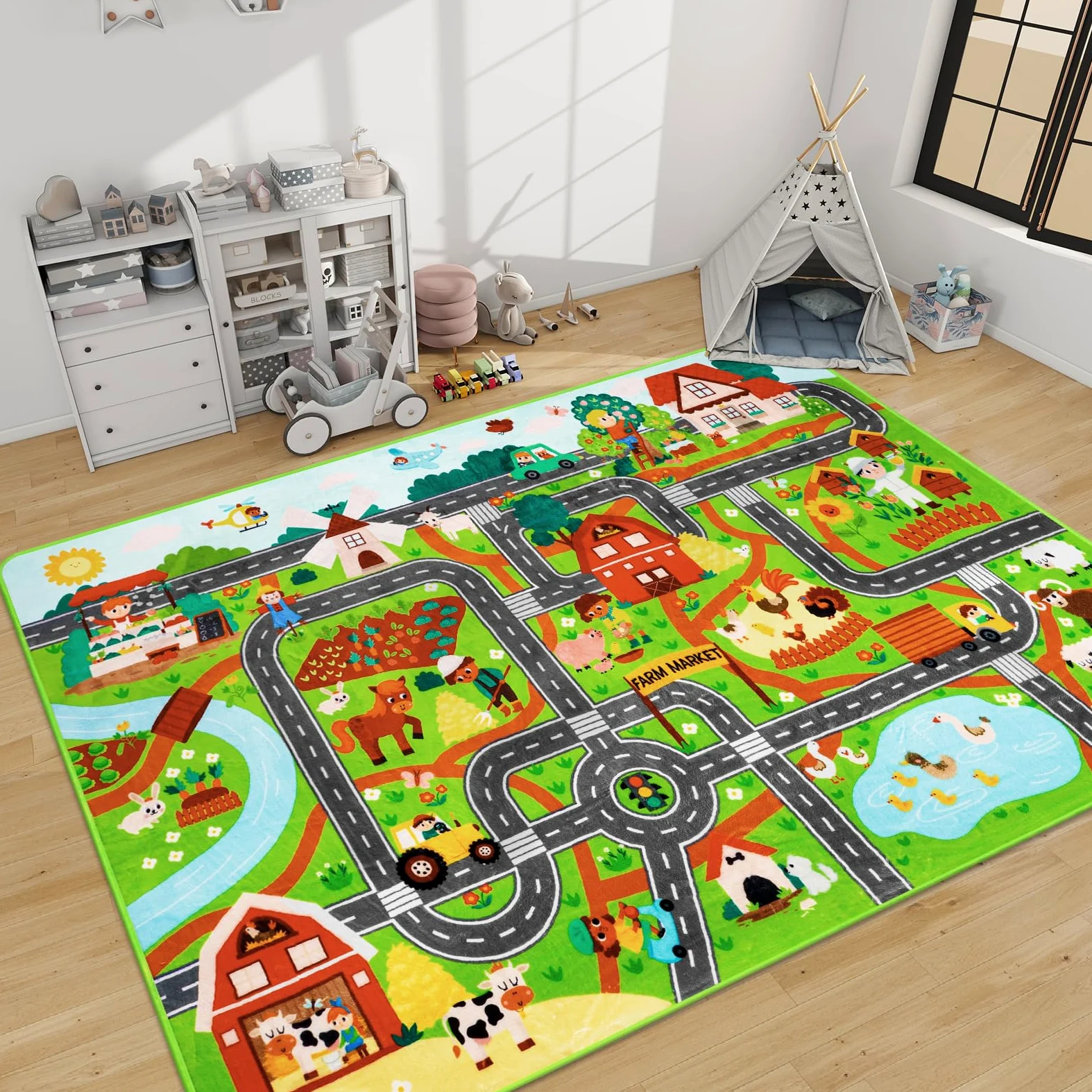 Tapis de voiture pour enfants - 200 x 150 cm - Vie de la ferme - Circulation routière pour salle de jeux - Tapis de rue pour enfants - Carte de village - Tapis de jeu pour tout-petits - Marché