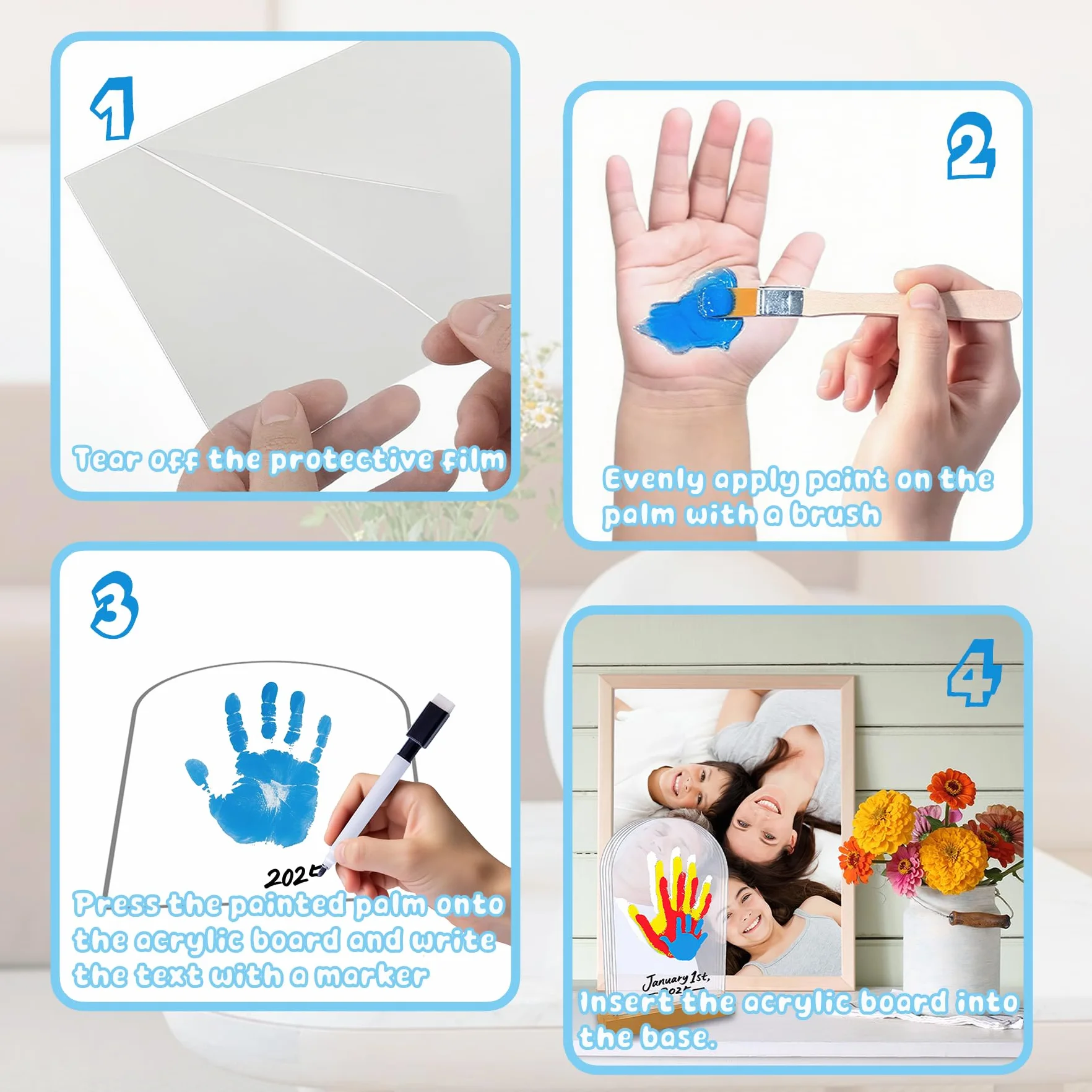 Kit d'empreintes de Mains et Pied Bébé 5 Panneaux Plexiglas Base Bois Souvenir DIY