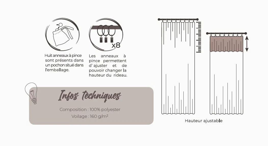 Lot de 2 voilages Ajustables + 8 Anneaux Pince 140 x 270 cm Effet Maille Freya Le Fil d'Ariane (Ivoire)