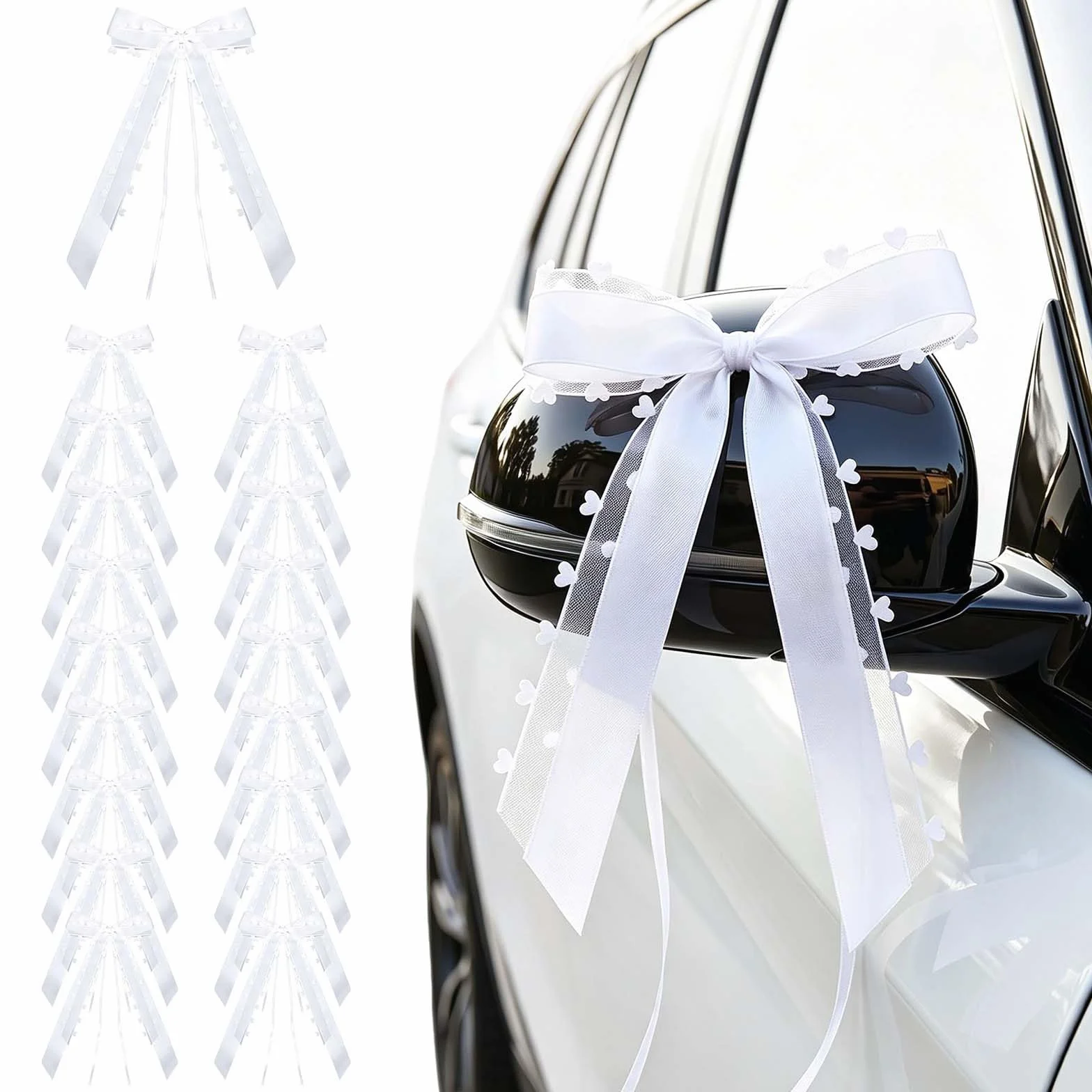 Noeud Voiture Mariage Fait à la Main en Ruban de Satin avec Cœurs Blanc - Décoration Polyvalente 25x13cm