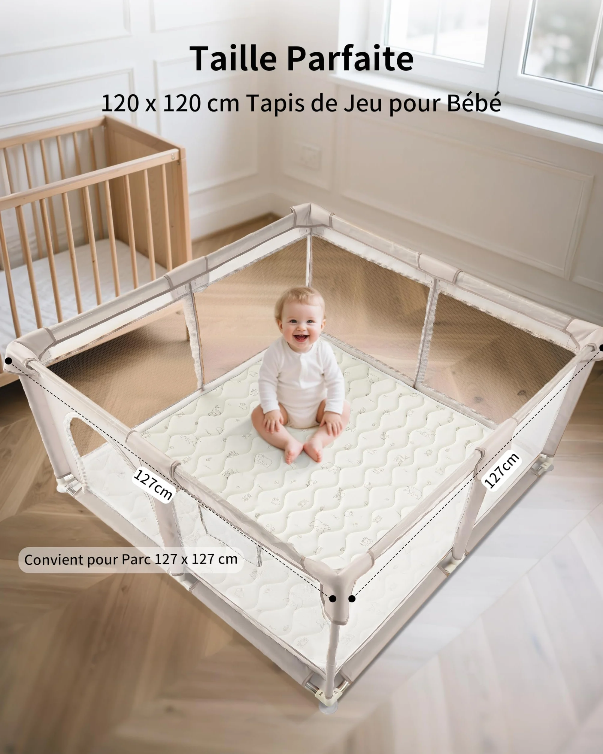 Tapis Bébé Pliable 120x120cm Antidérapant Matelas Mousse Lavable Motricité Sol Parc 0-24 Mois Forêt Beige
