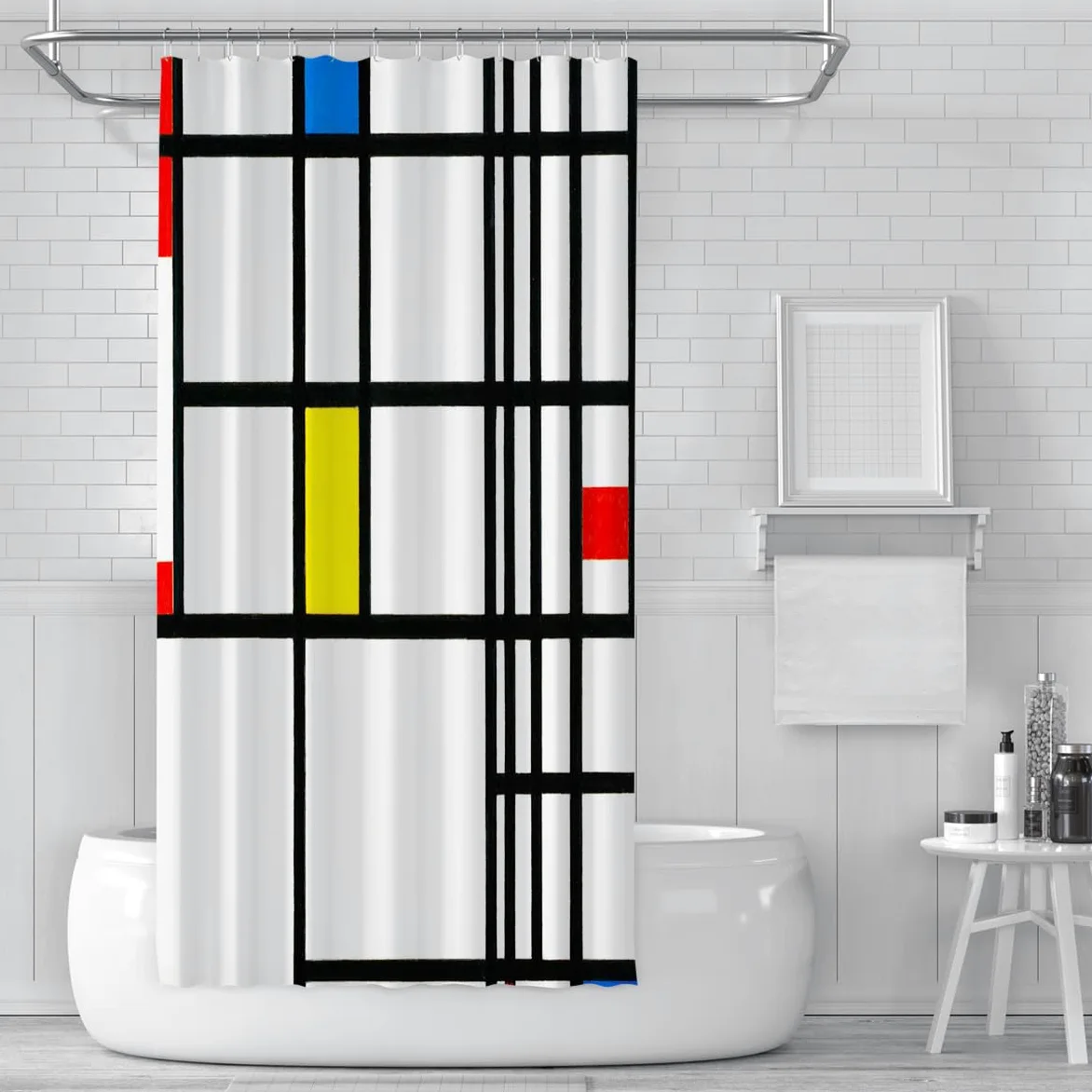 Rideau de Douche à Grille Noire Minimaliste Rideau de Bain Abstrait géométrique Blanc en Tissu Polyester Rouge Jaune Bleu Bloc de Salle de Bain 200 x 220 cm