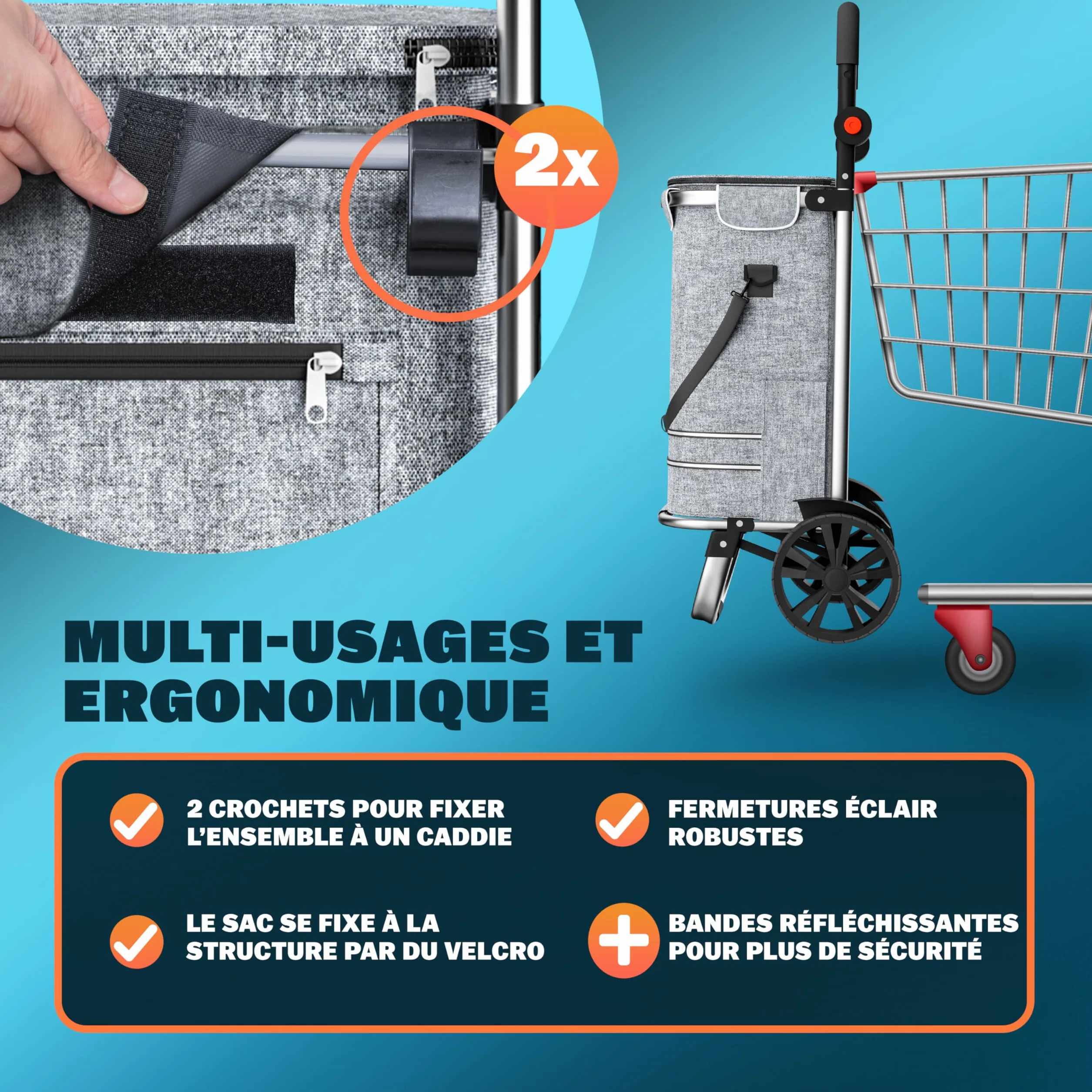 MONZANA Chariot de courses pliable 56 litres 3en1 gris isotherme