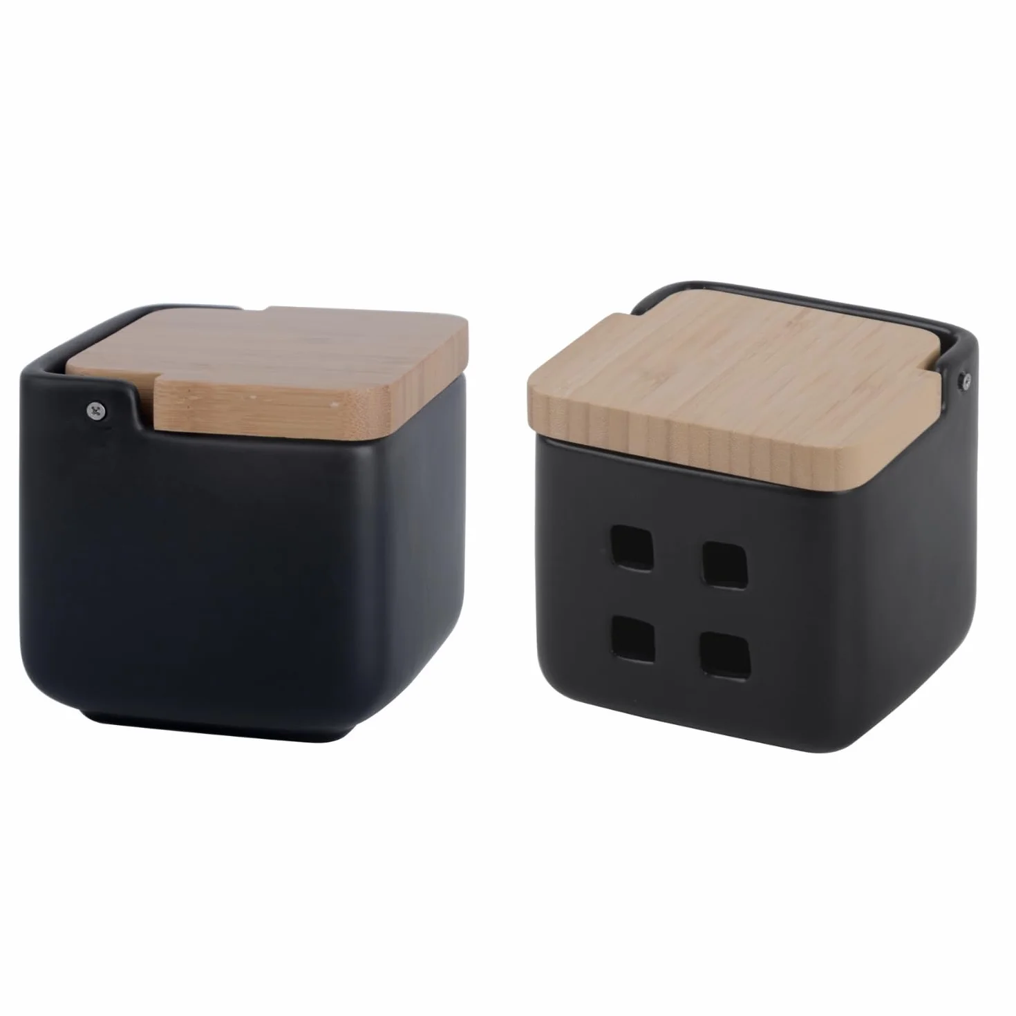 Set d'accessoires de cuisine salière pot à ail céramique bambou couvercle basculant 11,5 cm noir