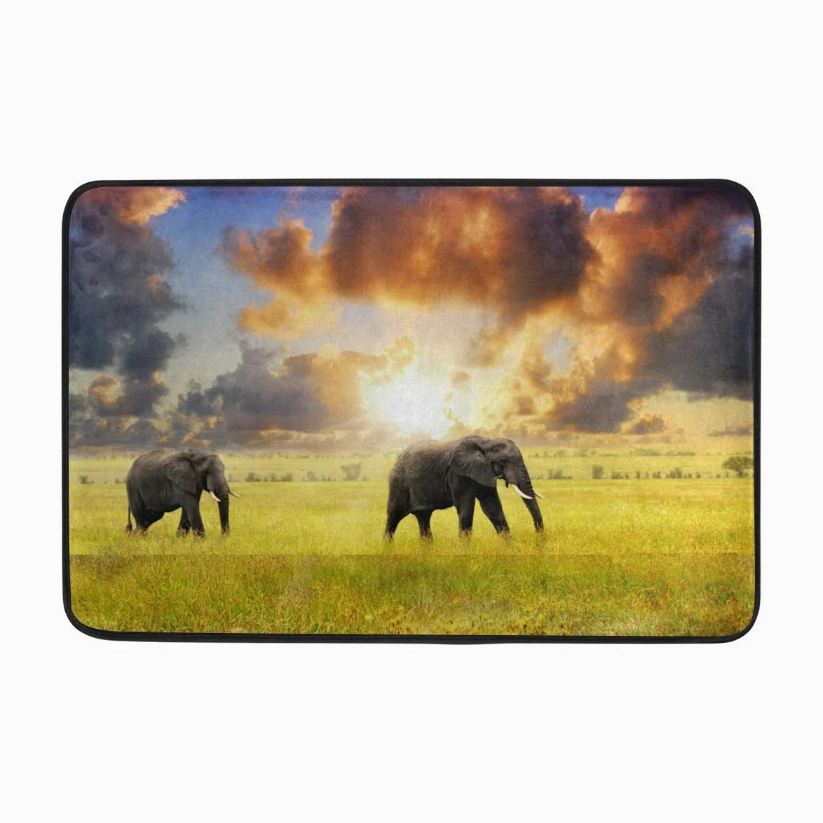 Lot de 2 tapis de bain BKEOY en tissu polyester antidérapant Motif éléphant couchant de soleil Tapis de bain lavable intérieur Décoration de la maison