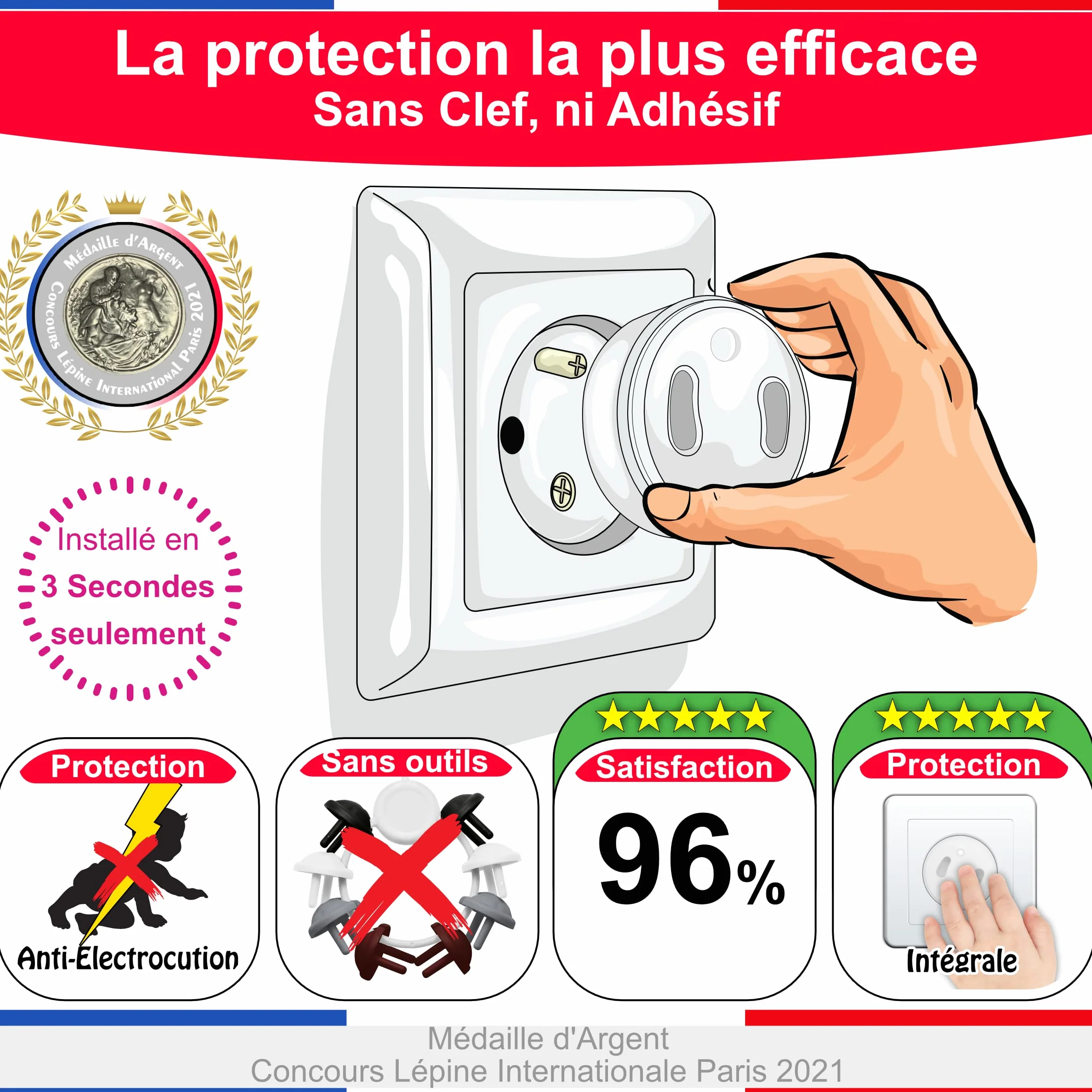 Cache Prise Bébé Français Sans Clef Ni Adhésif - Protection Prise Électrique Sécurité Domestique - Fabriqué en France