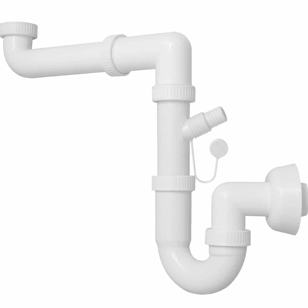 Siphon universel 1"1/2 pour éviers, sortie 40 mm, set siphon en S plastique, autonettoyant avec fixation lave-vaisselle