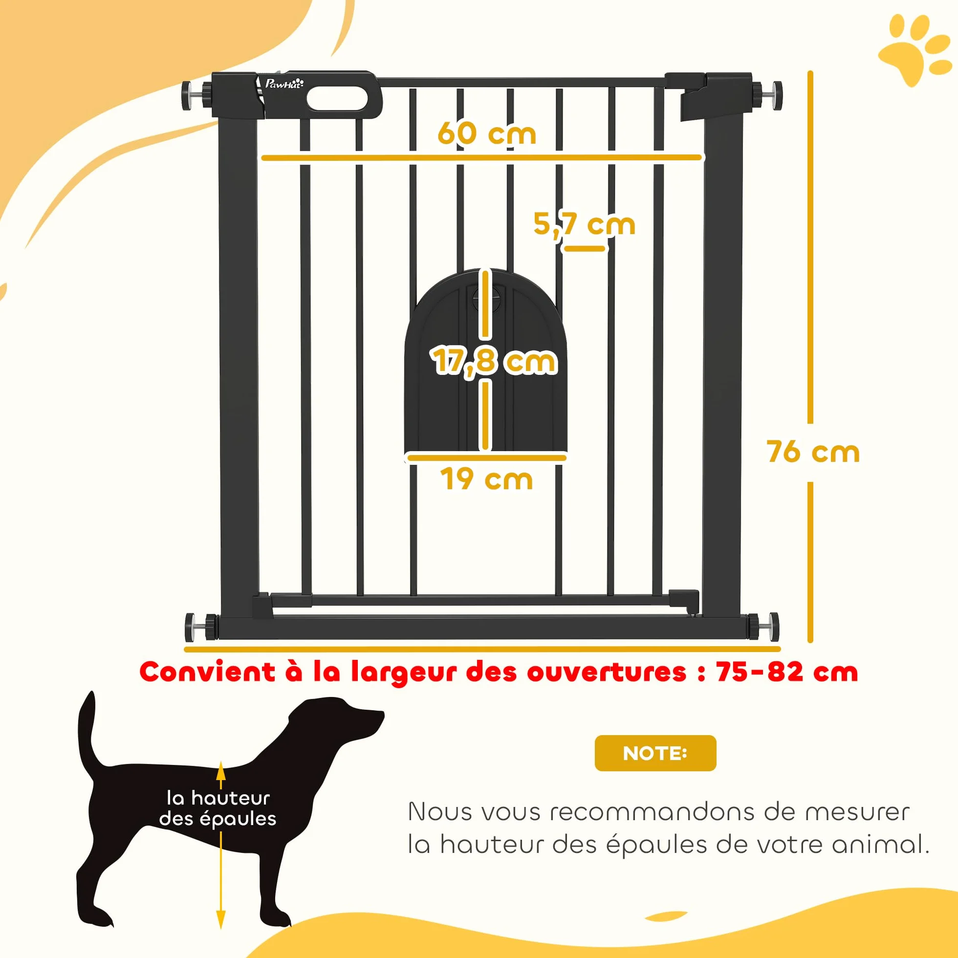 PawHut Barrière de sécurité Animaux 76H cm Chien Chat Porte Fermeture Automatique Double Verrouillage Fixation Pression 75-82 cm Acier ABS Noir