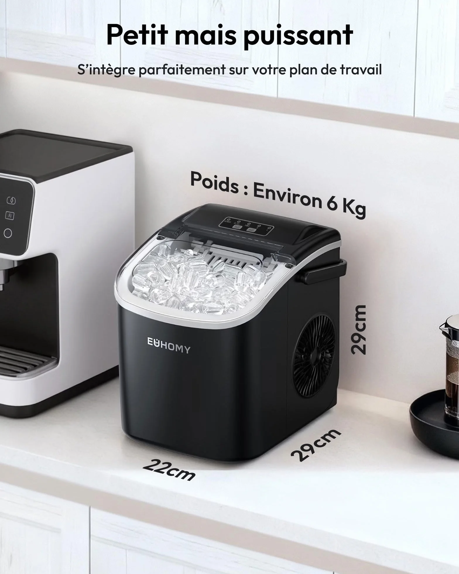 EUHOMY Machine à Glaçons, 9 Glaçons en 6 Minutes, Auto-Nettoyante, 12 Kg/Jour, Ice Maker Noir