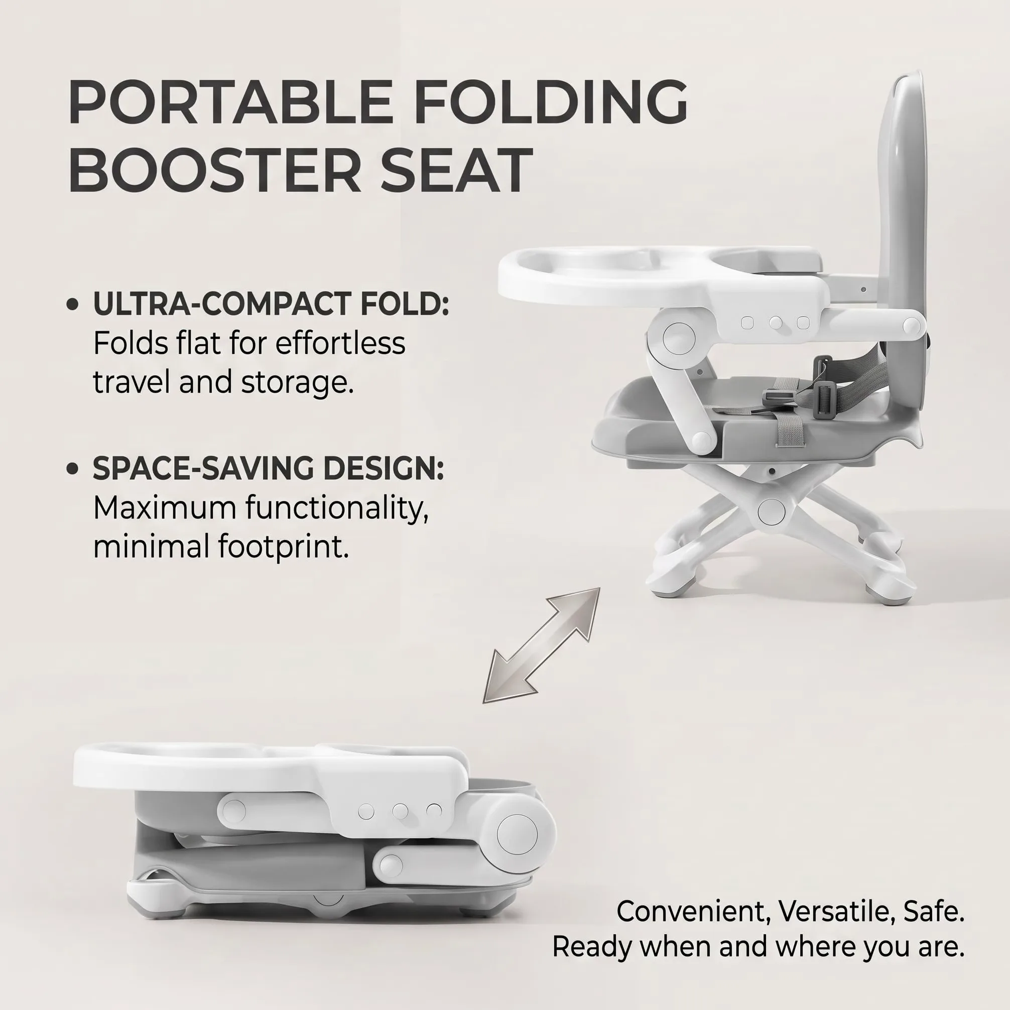 Chaise haute portable pliable rehausseur gris | Pliable pour les voyages, deux plateaux en plastique, adapté aux tout-petits, idéal pour une utilisation en extérieur