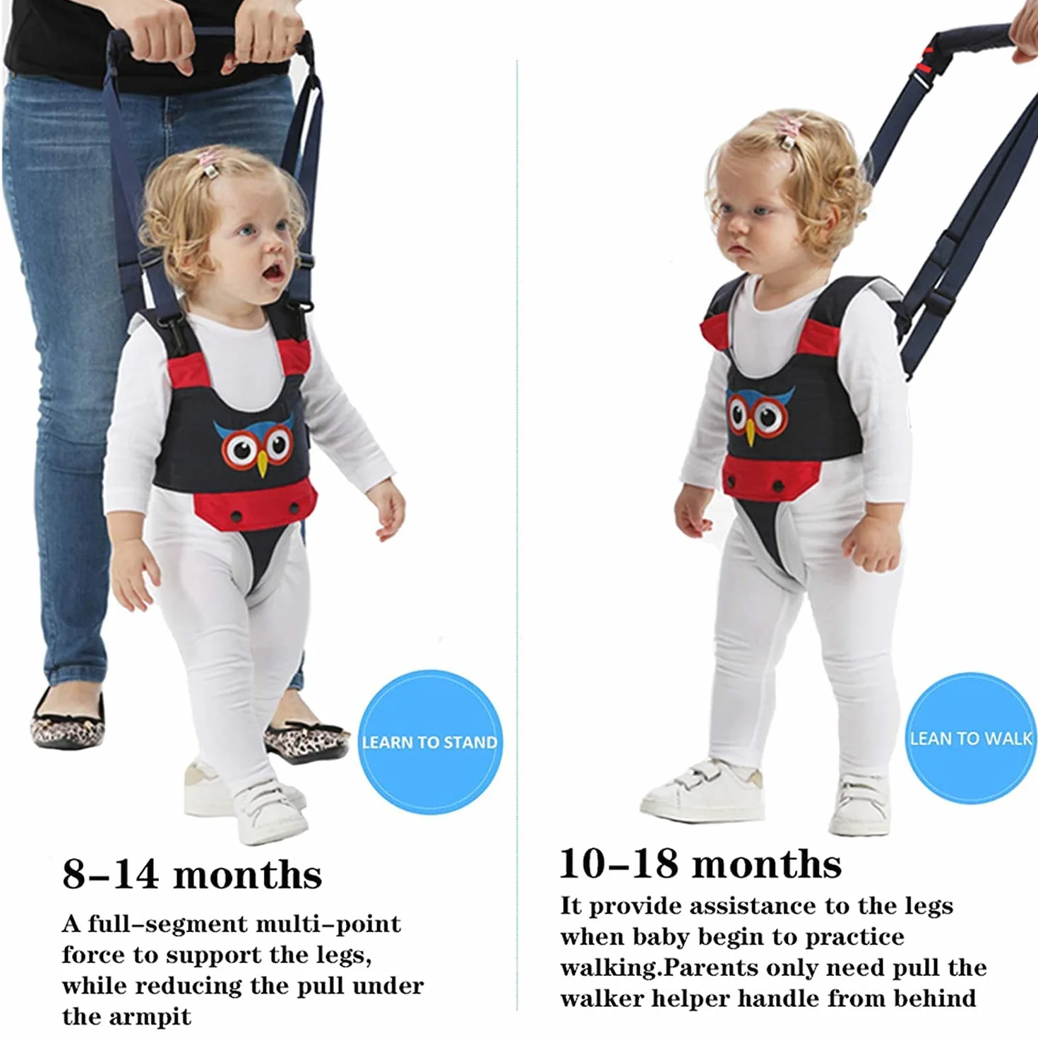 Harnais de Marche pour Bébé avec Poignée Réglable, Ceinture de Sécurité pour Apprentissage Enfant (Bleu)