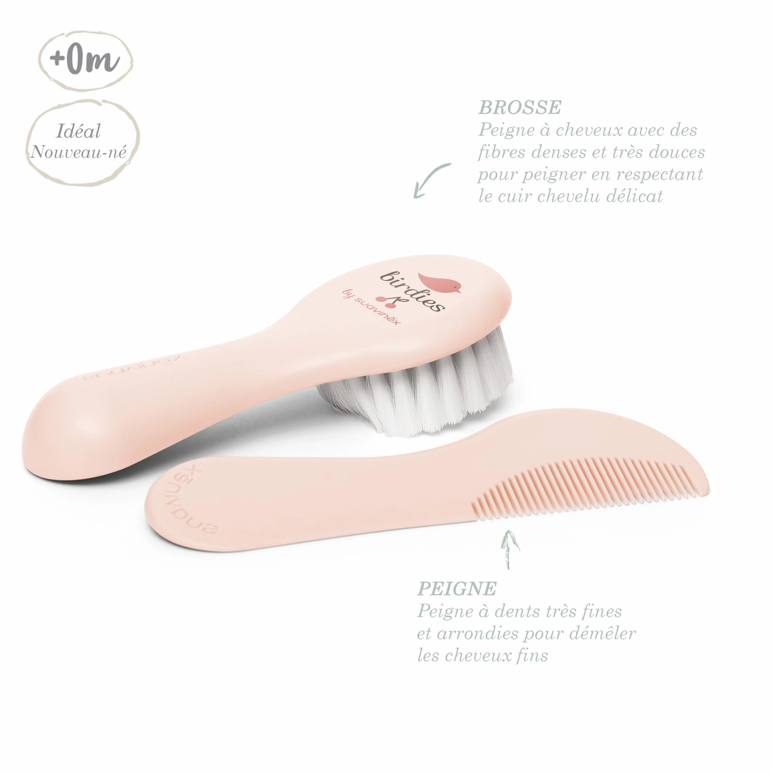 Suavinex Brosse à Cheveux Bébé Peigne Lot Nouveau-nés Fibres Douces Hygge Collection Rose