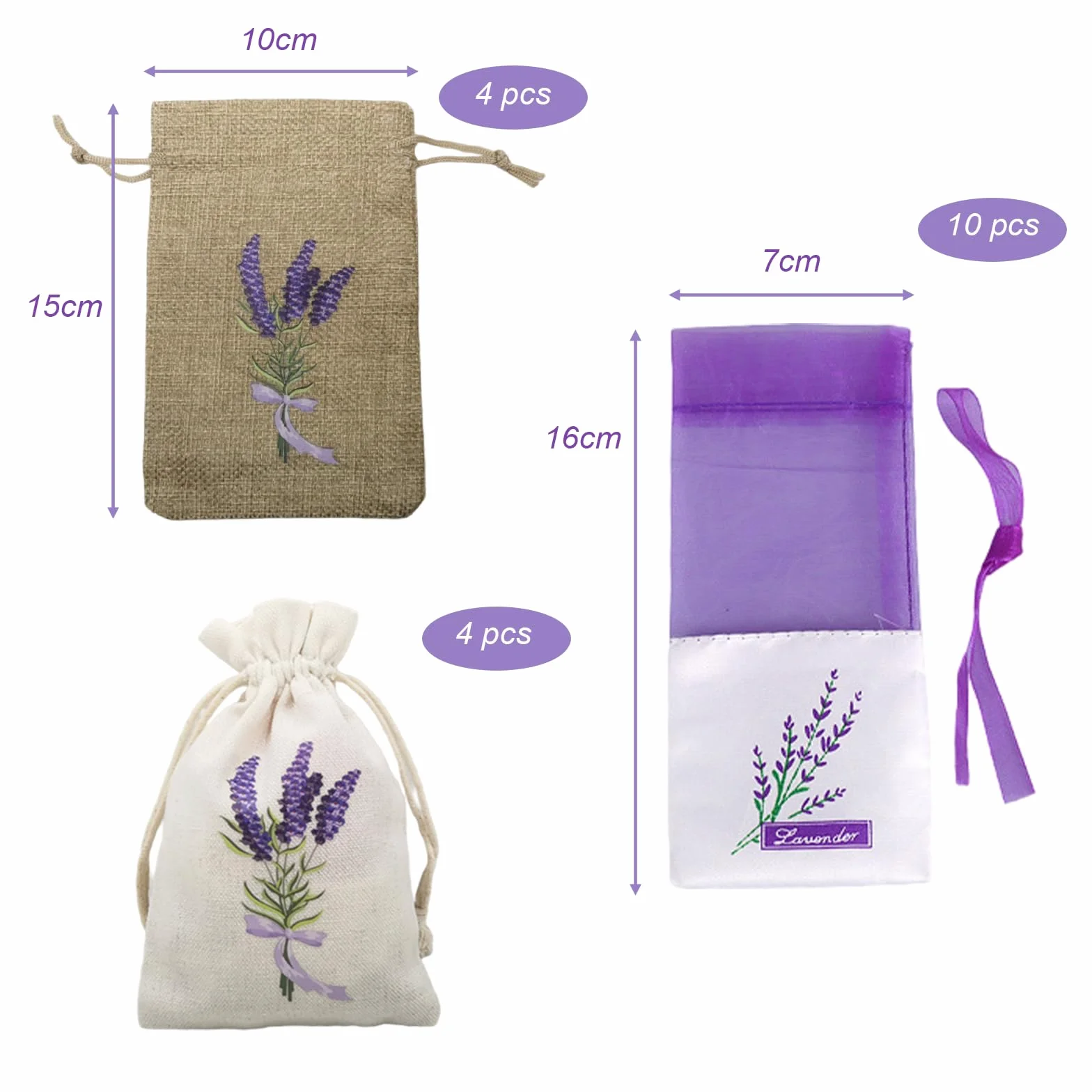 Sachet Vide Lavande avec Cordon de Serrage 18 Pièces pour Bijoux, Épices et Herbes