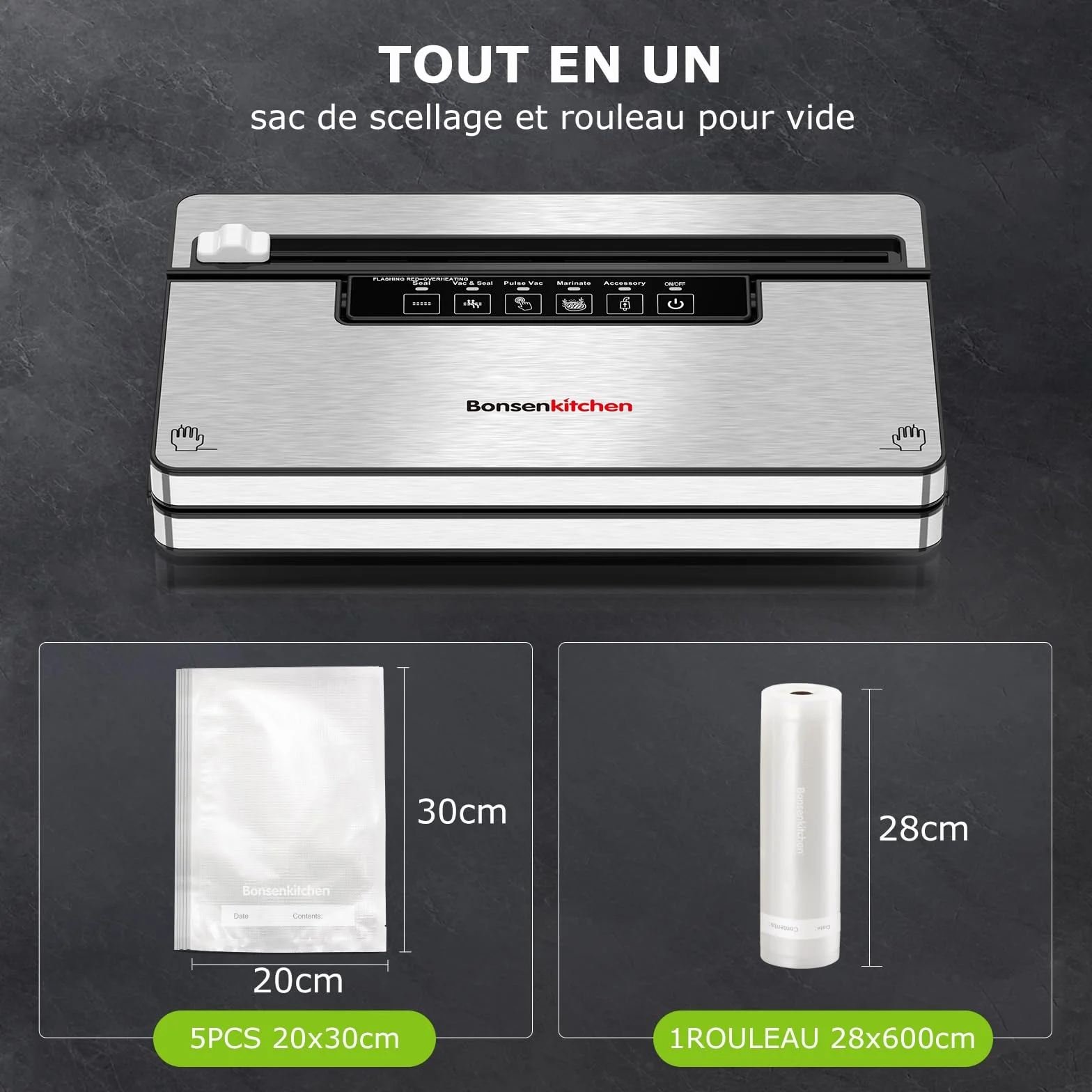 Bonsenkitchen Machine Sous Vide Alimentaire, 5 Modes-8 L/min, Technologie Globefish, 5 Sacs Sous Vide et 1 Sac en Rouleau