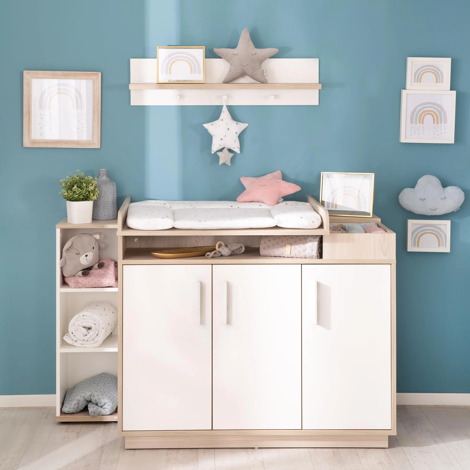 Chambre Bébé Complète Olaf Lit Évolutif 70 x 140 cm Commode à Langer Armoire 3 Portes Blanc Décor Bois