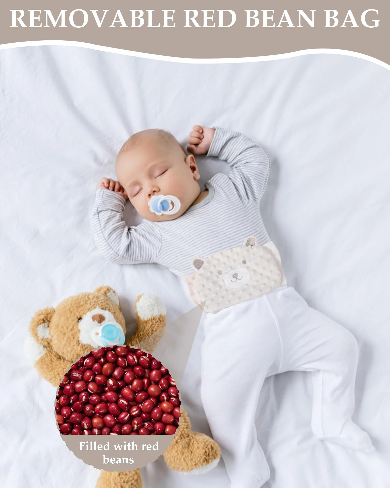 Bouillotte Bébé Anti Colique, Coussin Chauffant Micro Onde, Doublure Haricot Rouge, Velcro Réglable