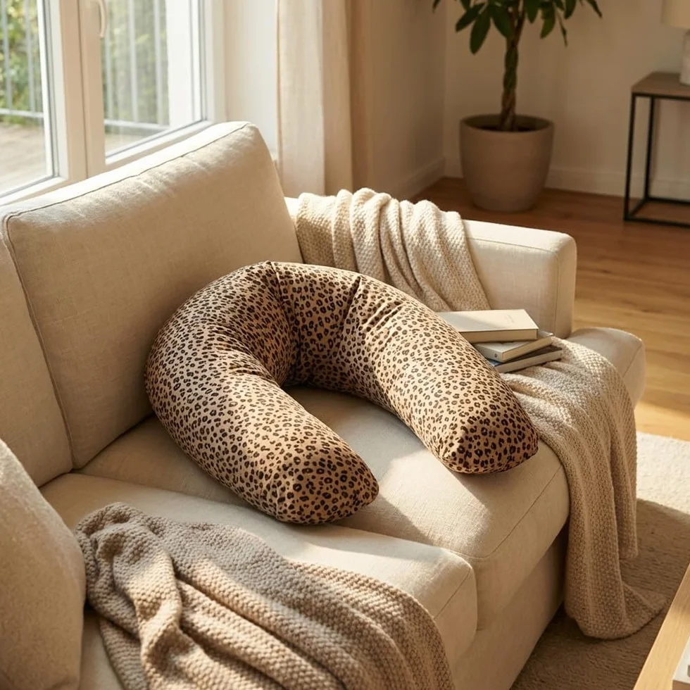 Coussin de Maternité 3 en 1 Grossesse Allaitement Repos Bébé Housse Double Gaze Coton Déhoussable Lavable Motif Léopard XXL