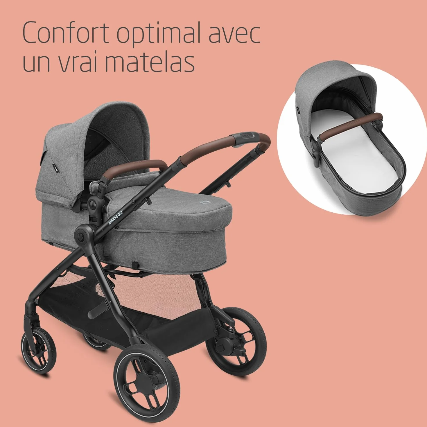 Maxi-Cosi Zelia S Trio Poussette 3 en 1, 0-4 Ans, 22 kg, Pliable, Compacte, avec CabrioFix S i-Size, Gris