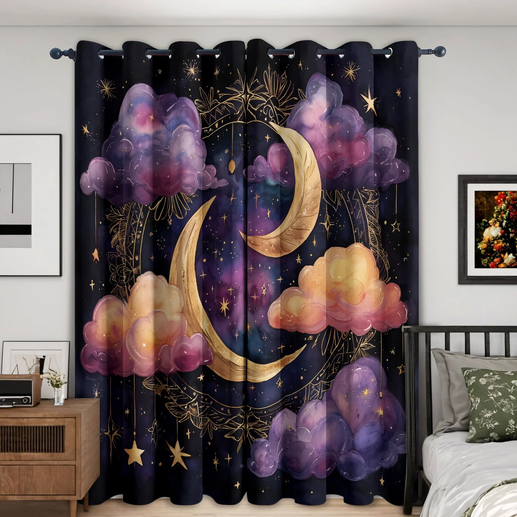 Générique Rideau Occultant Nuage Lune, Lot de 2 75x166(LxH) | Rideaux Thermiques Motif Étoile Ciel Nocturne pour Decoration Chambre Salon, Draperies Intérieurs à Oeillets E8029
