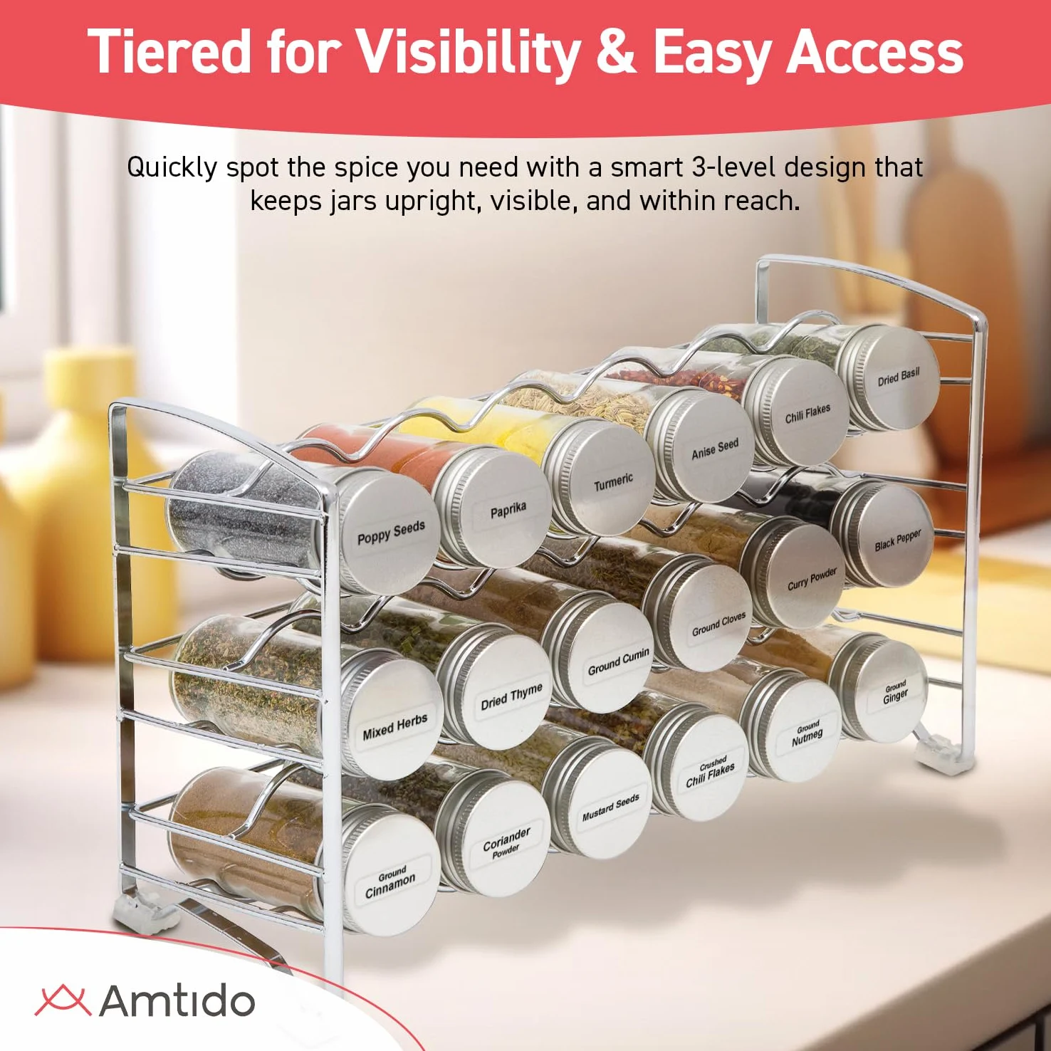 Amtido-Rack avec 18 flacons à épices, 48 étiquettes à épices, chrome