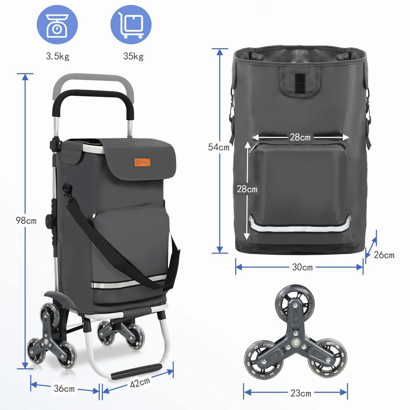 Sekey Chariot de Courses 3 Roues Monte Escalier Pliable 3 en 1, Caddie Isotherme avec Sac Amovible, Diable et Trolley, Grande Capacité, Léger et Solide, Idéal Courses et Seniors – Gris