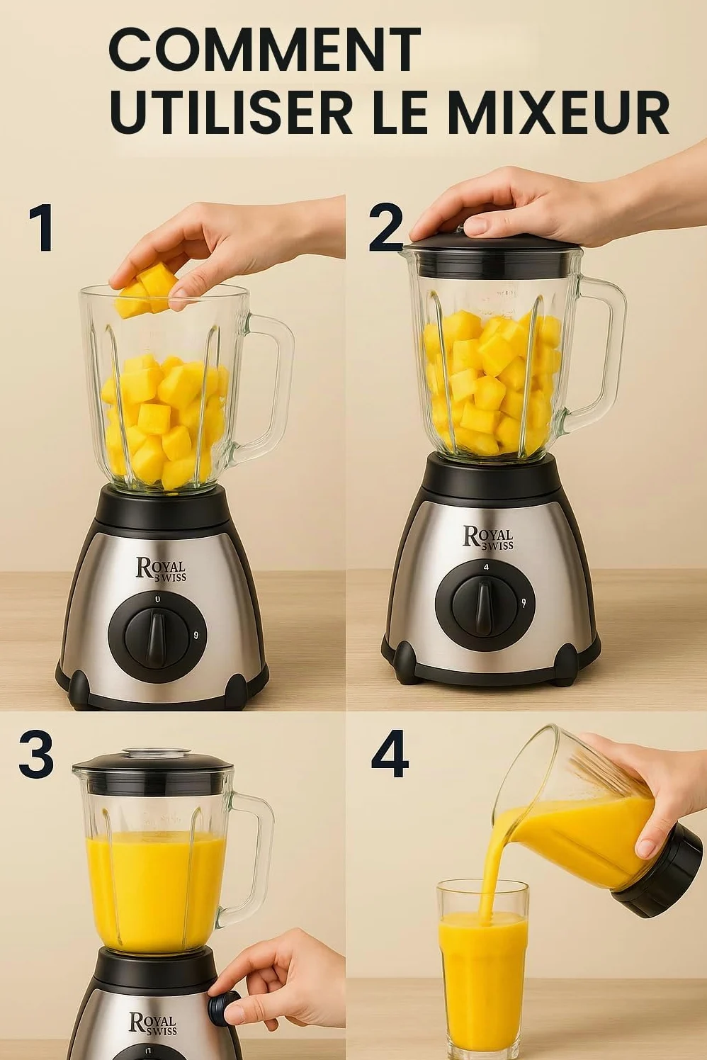 Royal Swiss® Blender 1030W – Mixeur Smoothie, Shake et Glace Pilée – Inox Durable – Bol 1,5 L – Mixeur Familial Haute Puissance pour Cuisine Maison