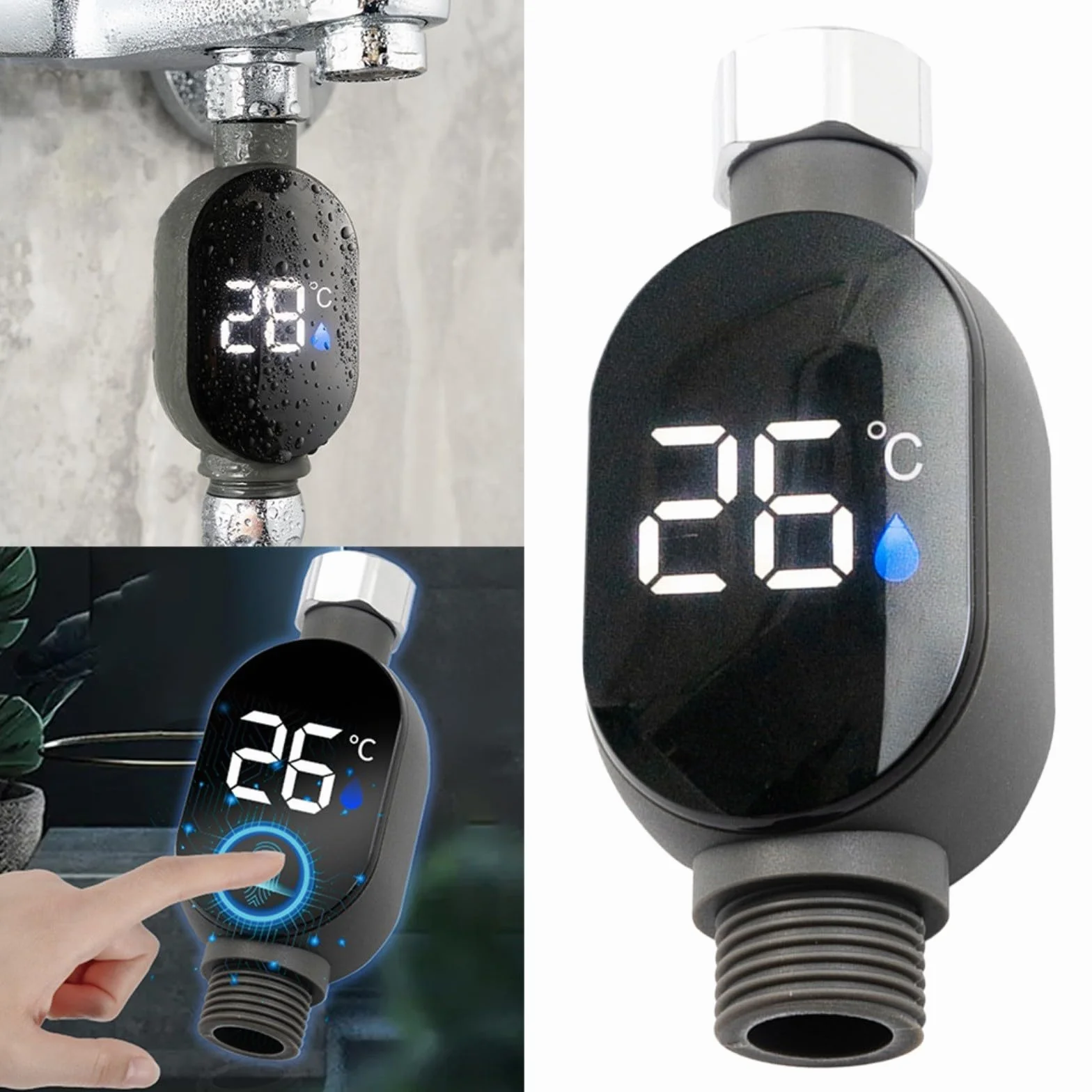 Thermomètre de douche numérique LED acier inoxydable 0-99°C 1/2"