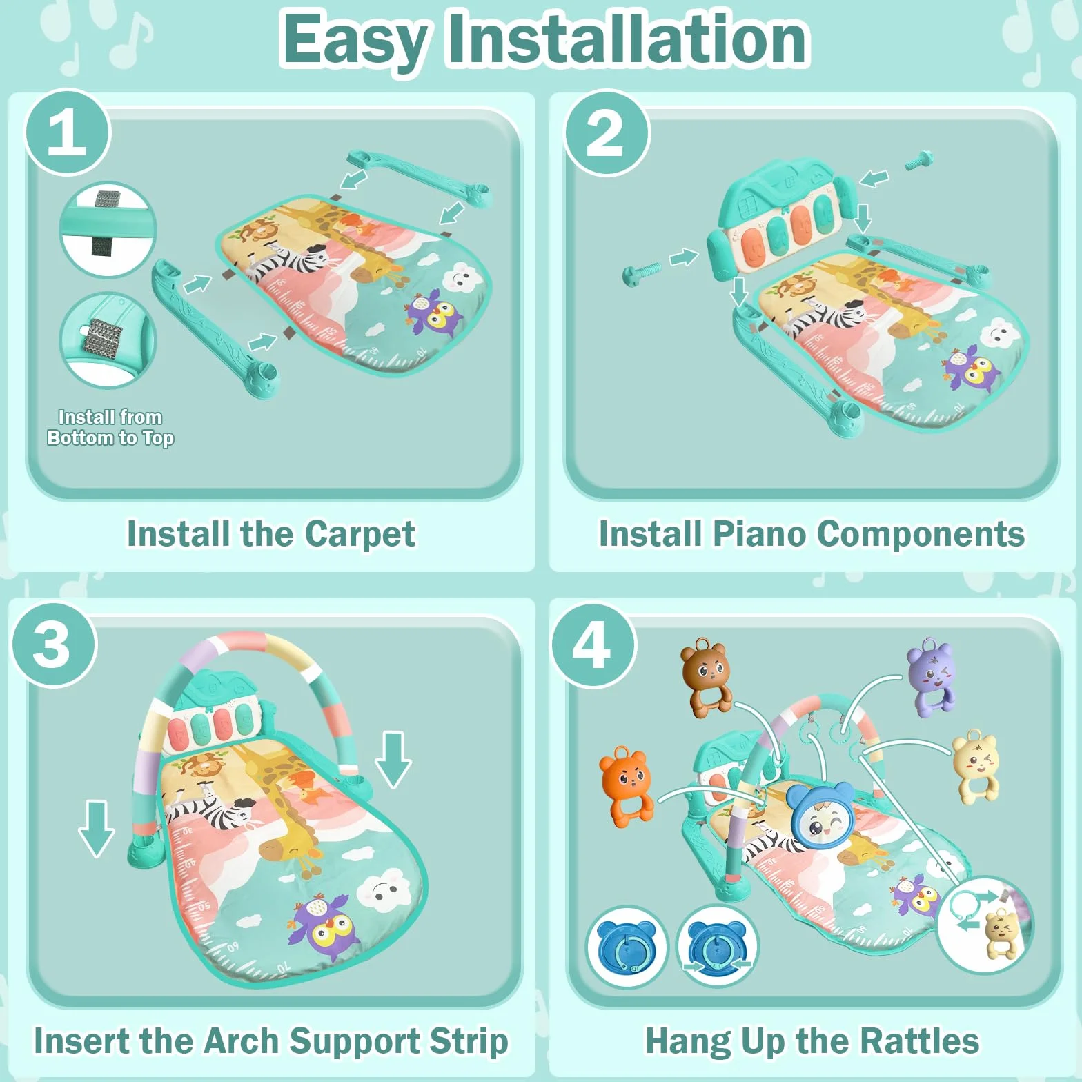 Tapis d'éveil Bébé 0-6 Mois avec Hochets et Musique de Piano, Tapis Sensoriel Motricité Vert