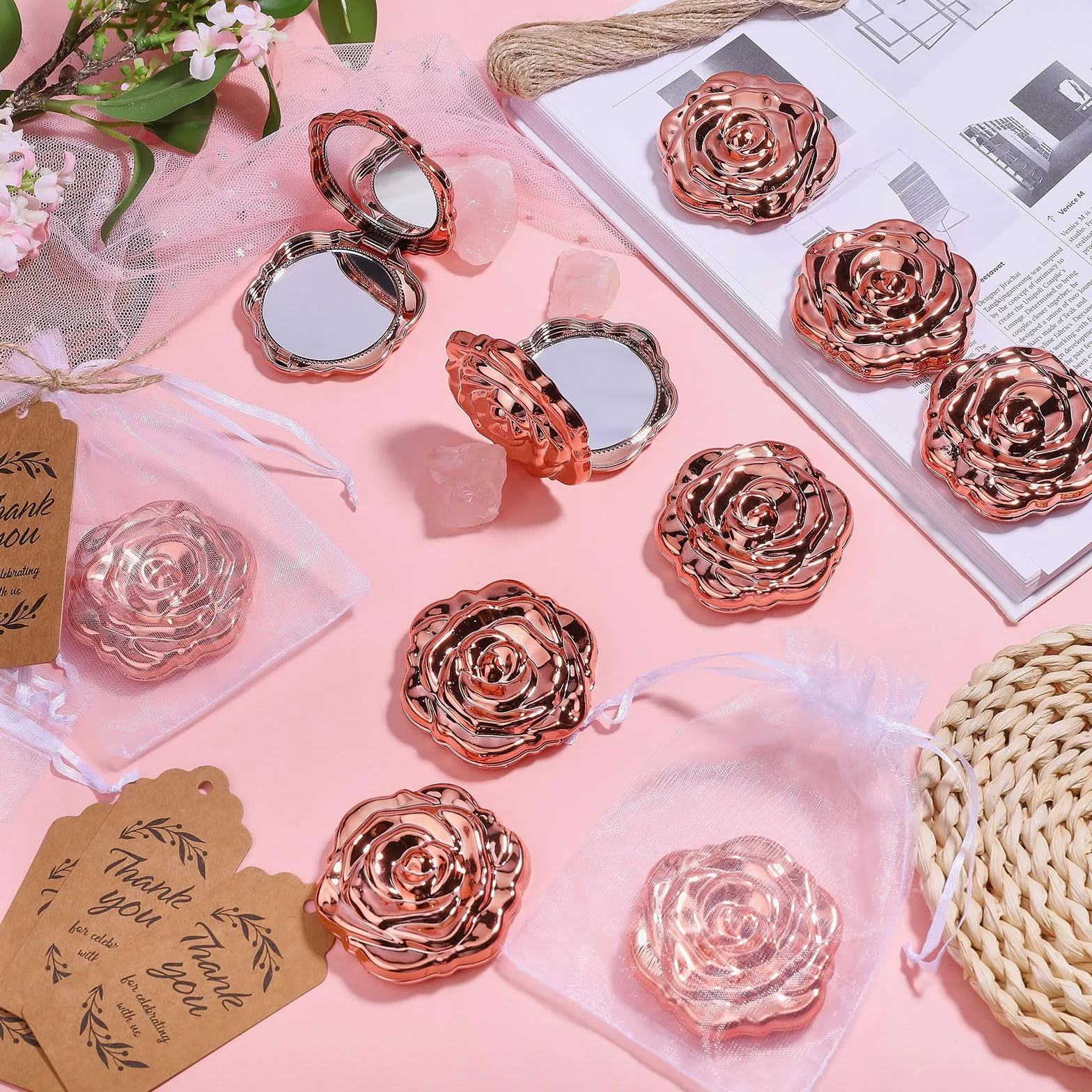 FREEBLOSS Lot de 50 Miroirs de Poche Rose Compact 3D avec Cartes et Pochettes Organza pour Mariage Anniversaire Fête Prénatale Voyage 2.5"
