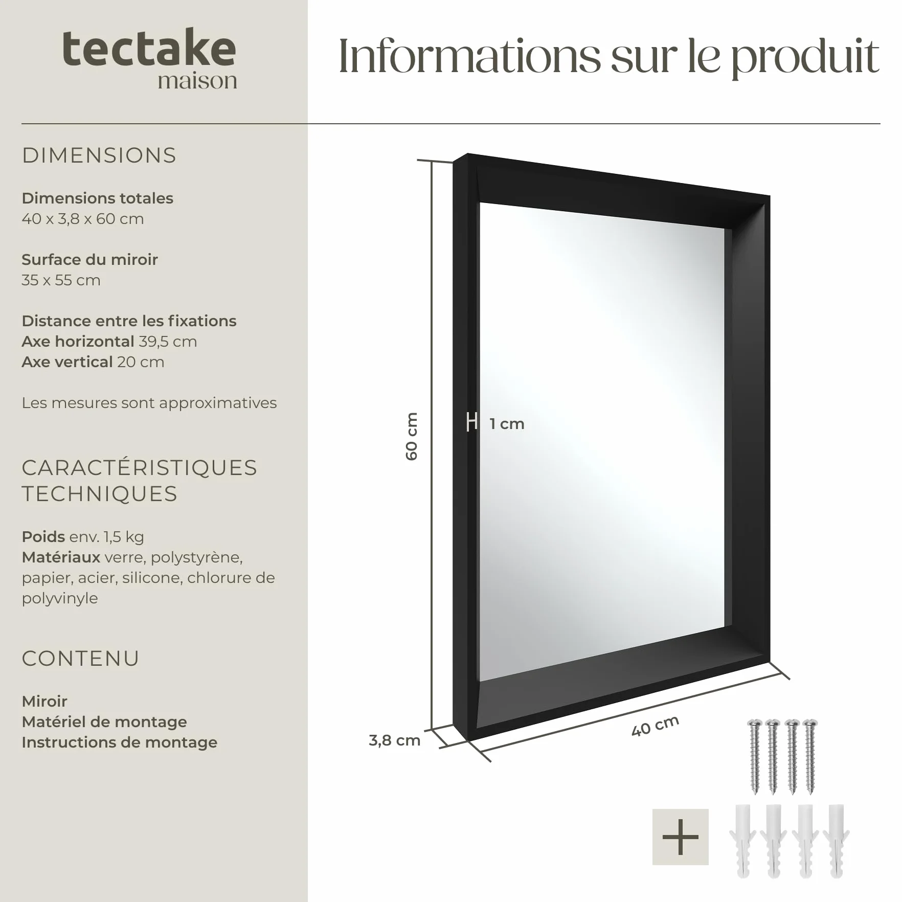 Tectake Miroir Mural Cadre Noir Plastique 40x60cm Design Industriel Décoration Chambre Salon