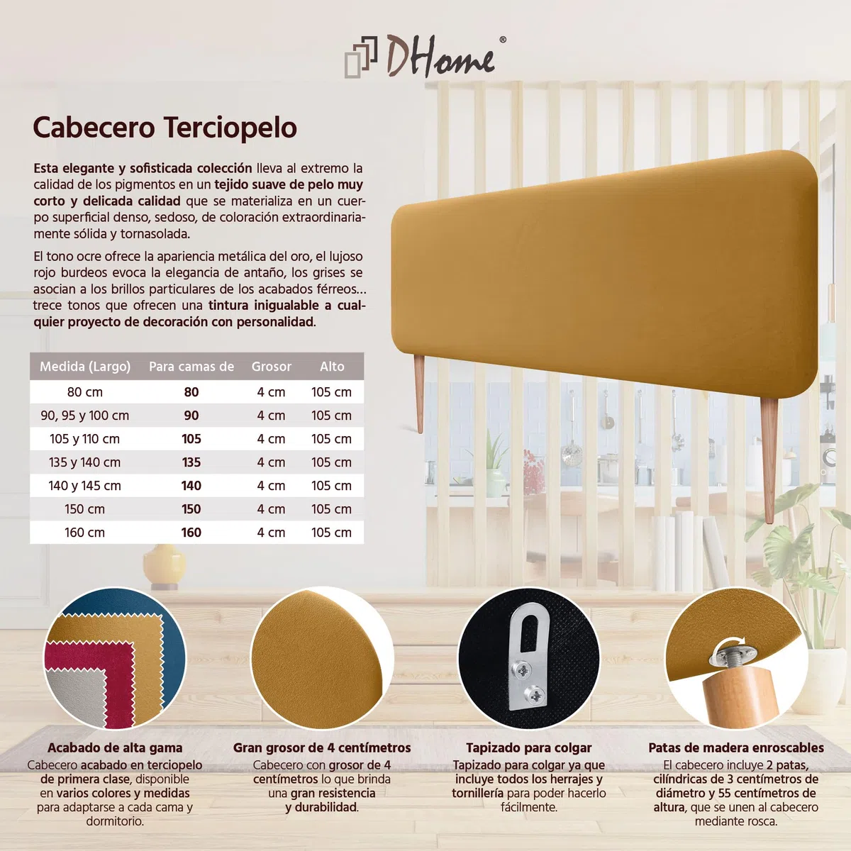 DHOME Tête de Lit Capitonnée Unie Arrondie en Velours avec Pieds pour Mur Têtes de Lit Acoustiques Absorbantes pour Lit et Chambre (Moutarde, 150cm)