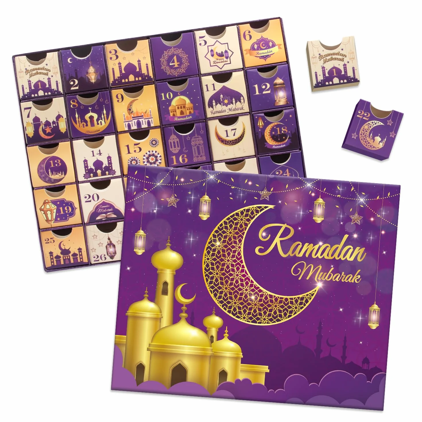 Calendrier de l'avent Ramadan 30 boîtes vides Compte à rebours Eid Mubarak Violet