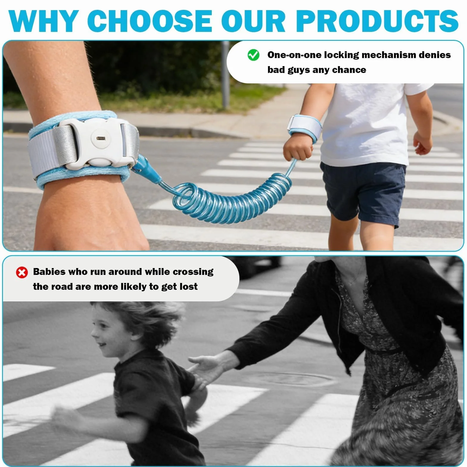 Harnais de Sécurité Enfant Anti-Perte 2.5M 360° Rotation Silicone Fluorescent Bracelet Serrure à clé