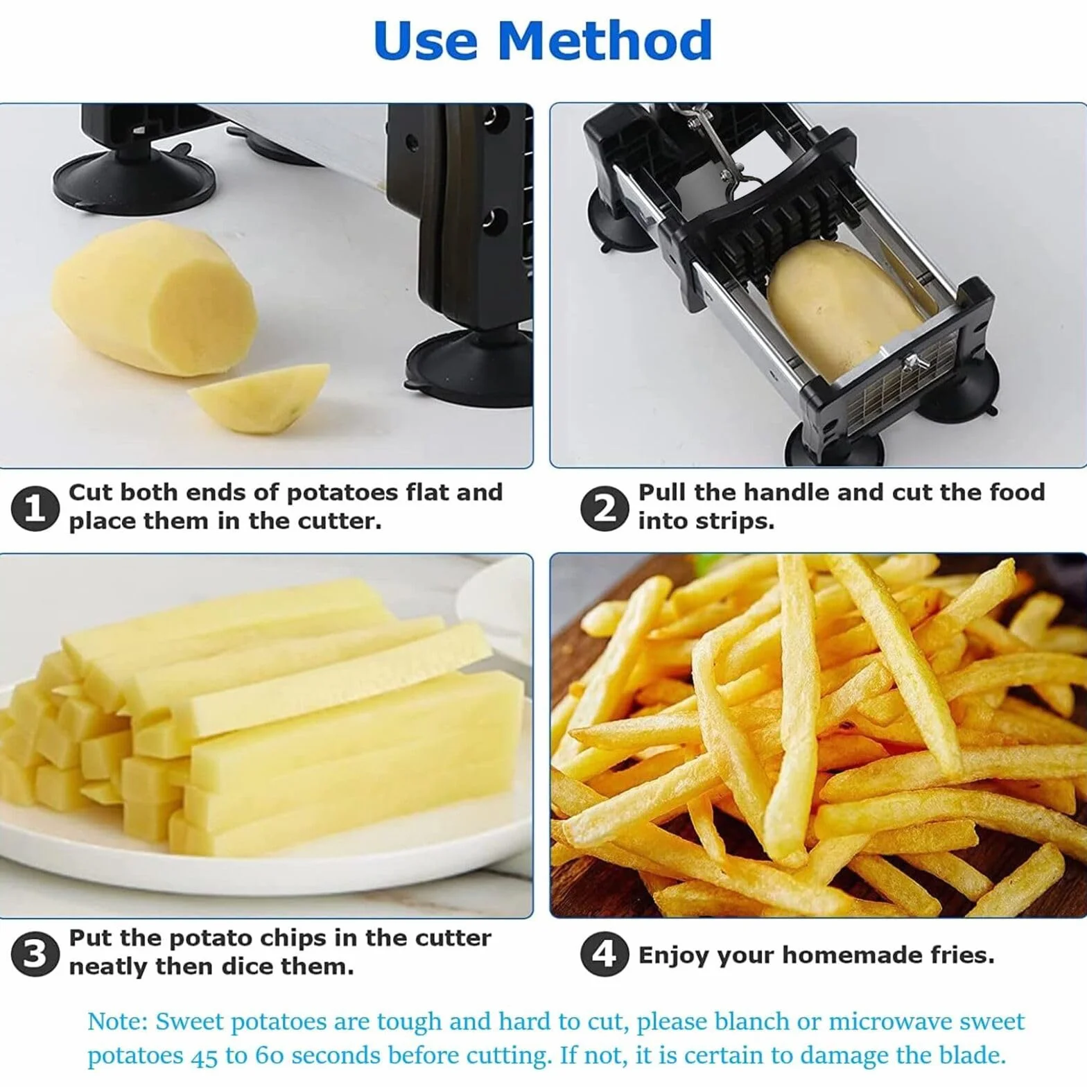 Coupe-frites acier inoxydable 2 lames rechange tailles différentes pieds antidérapants