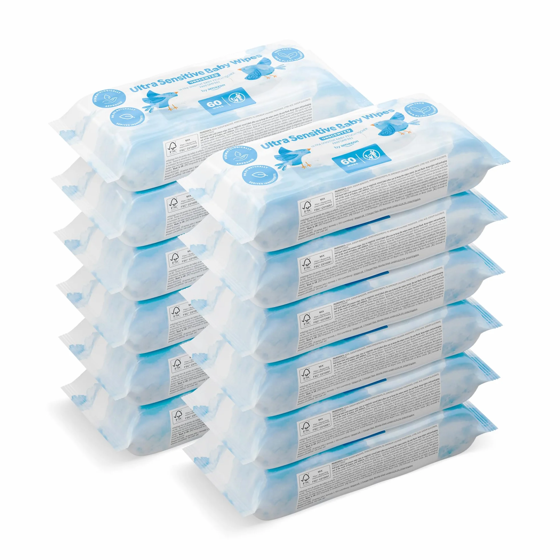 Lingettes pour Bébé Ultra-Douces by Amazon, 100% Fibres Végétales, 99% Eau, 720 Lingettes, Non Parfumées, 12 Paquets